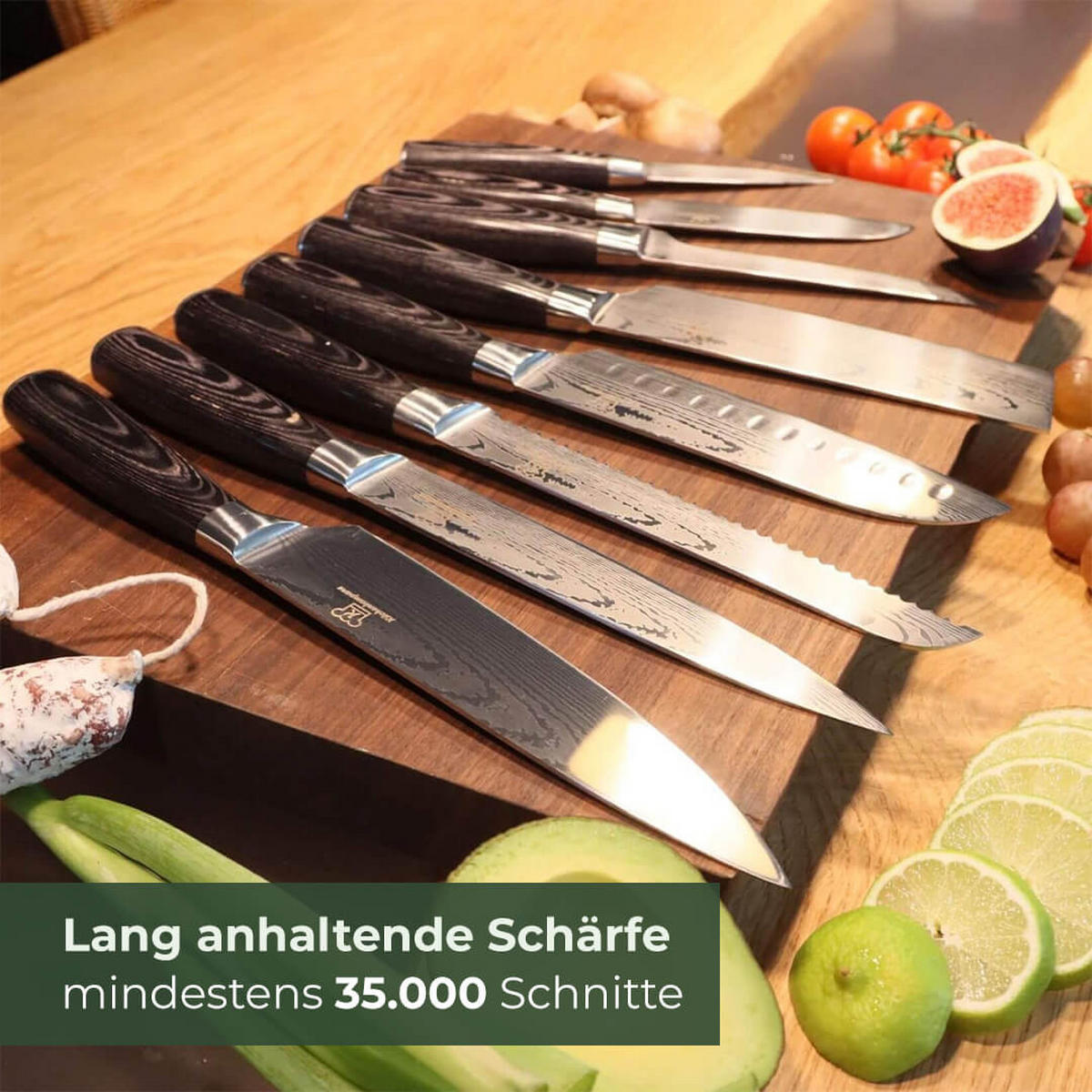MESSER-SET 8-tlg. mit Edelstahlklingen und ergonomischen Pakkaholz-Griffen - Schwarz, Metall - Küchenkompane