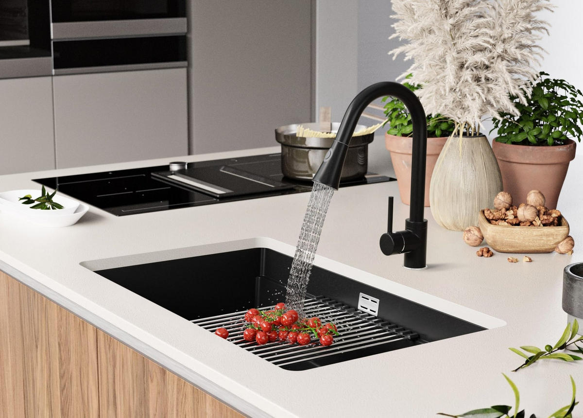 UNTERBAUSPÜLE GRANIT Praga, 2-er set Alles Schwarz 76/47 cm 1 Becken + Ablauf-Set + Aufrollbare Abtropffläche ab 80er Unterschrank - Schwarz, Kunststoff (76/20/47cm) - Primagran