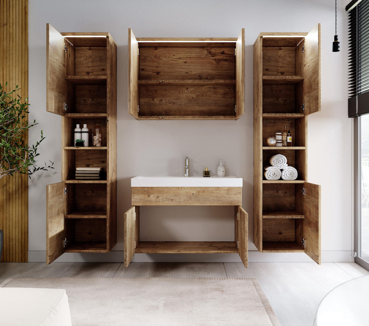BADMÖBEL-SET Paso LED 5 Teile Kastanien Eiche - 80 x 35 x 55 cm - Kastanienfarben/Eichefarben, Holz (80/55/40cm) - Badplaats