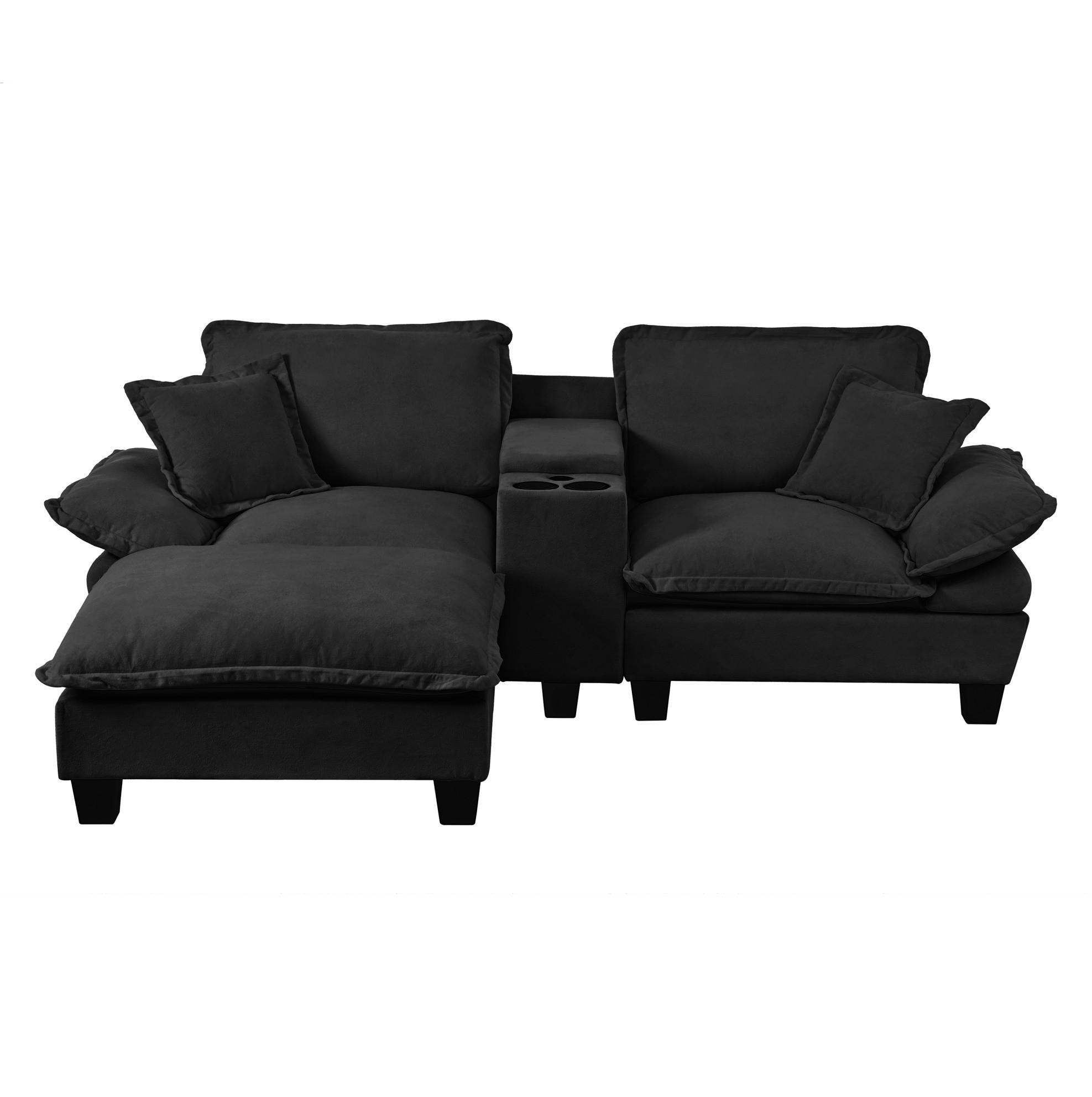 OKWISH MODULÁRNÍ rohová pohovka 224/151/90 cm černá z chenille s USB, úložným prostorem a držáky nápojů