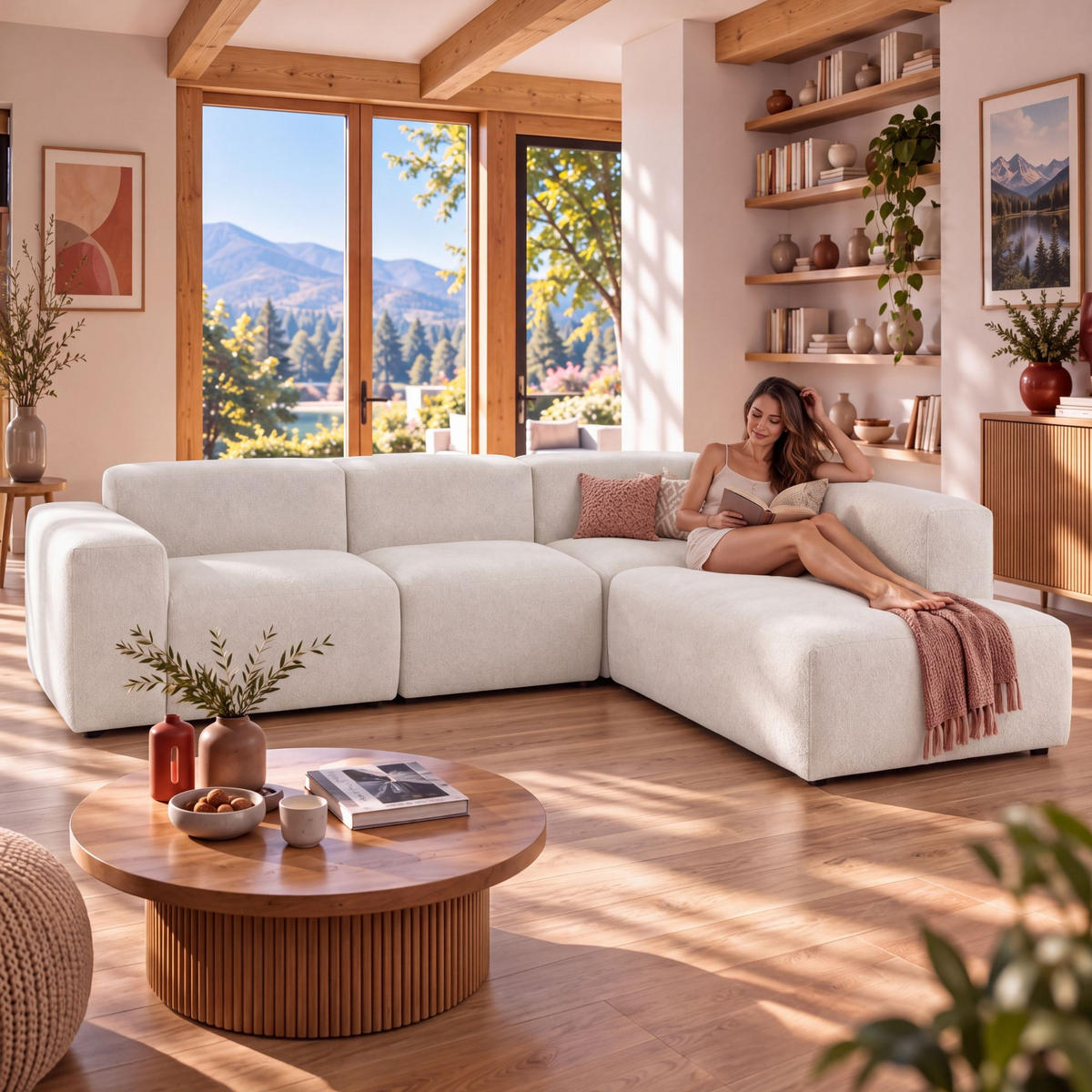 4-SITZER modulares Ecksofa HEAVEN SET 2 Rechts, Breite 300 cm Webstoff Weiß - Schwarz/Weiß, Holz/Kunststoff (245/300cm) - Muffo