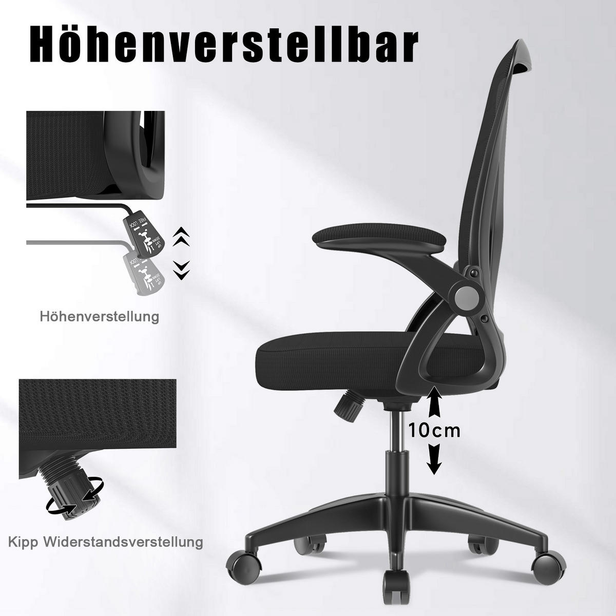 BÜRODREHSTUHL ergonomisch, mittelhohe Rückenlehne, klappbare Armlehnen – Schwarz - Schwarz, Metall (50/102/50cm) - Rattantree