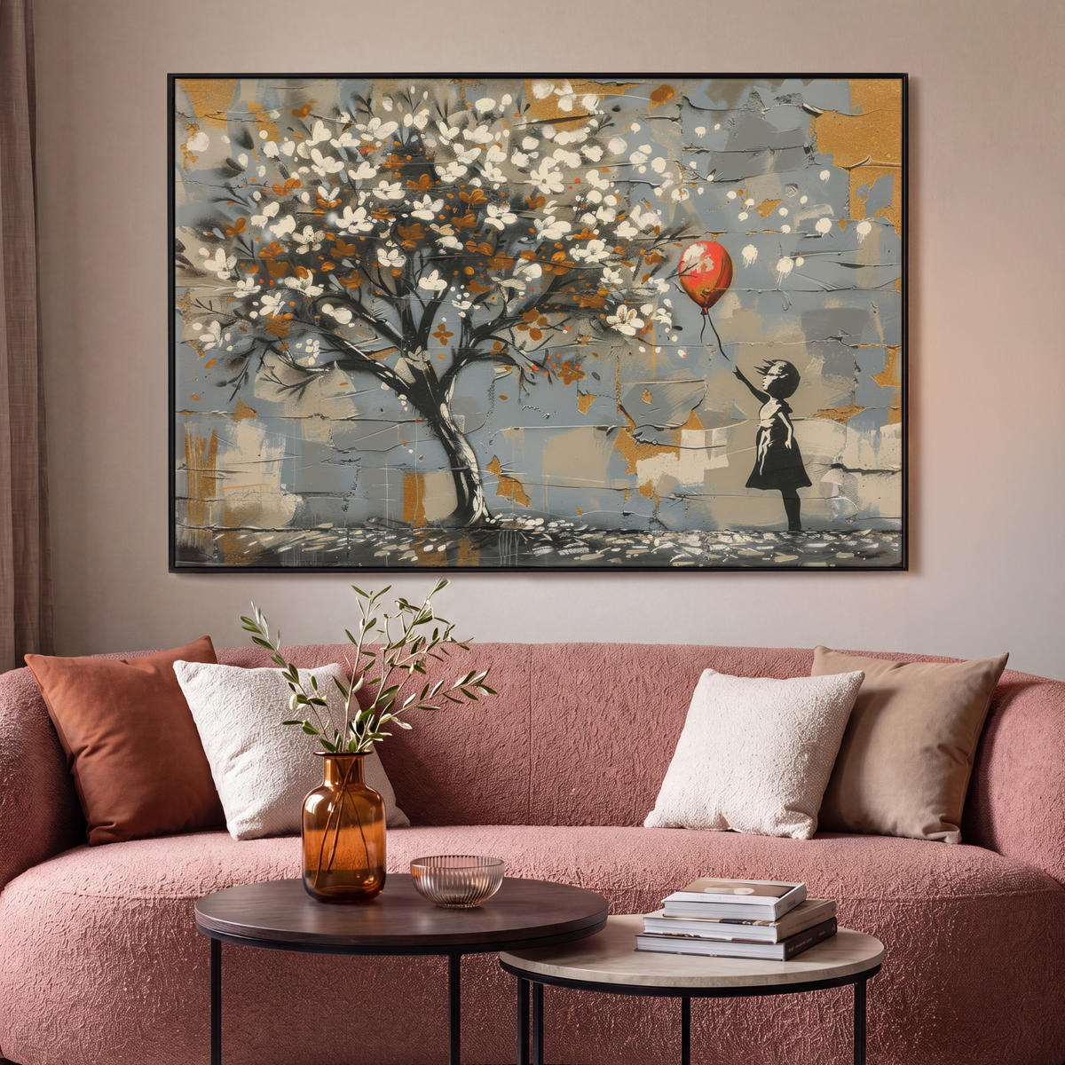 LEINWAND Bilder mit Rahmen - Baum - Graffiti - Banksy-Stil - Ballon-Mädchen - 120x80 - Blaugrau, Textil (120/80cm) - MuchoWow