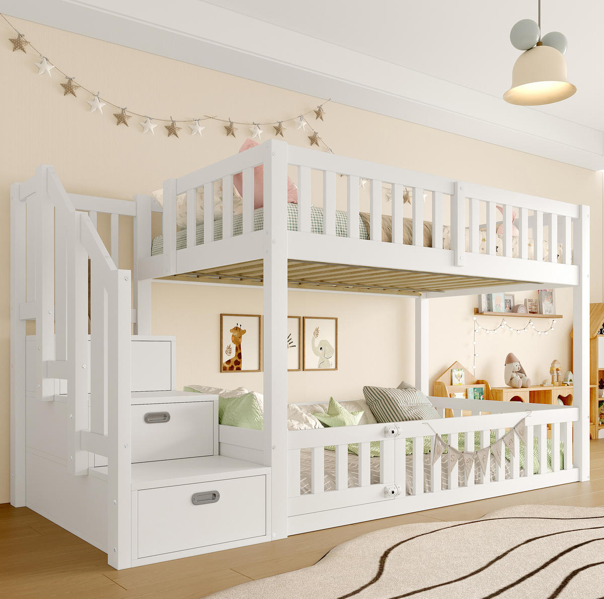 ETAGENBETT 90/200 cm aus Kiefer und MDF mit Leiter, Stauraum und Schutzgitter, Weiß - Weiß, Holzwerkstoff (90/200cm) - Redom