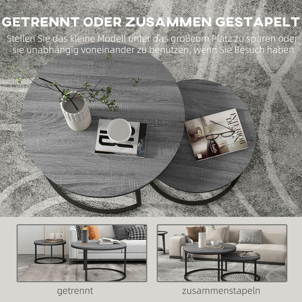 COUCHTISCH rund 2er Set Stapelbarer Beistelltisch mit Metallrahmen, Schwarz - Dunkelgrau, Metall (78.5/78.5/46.5cm) - HOMCOM