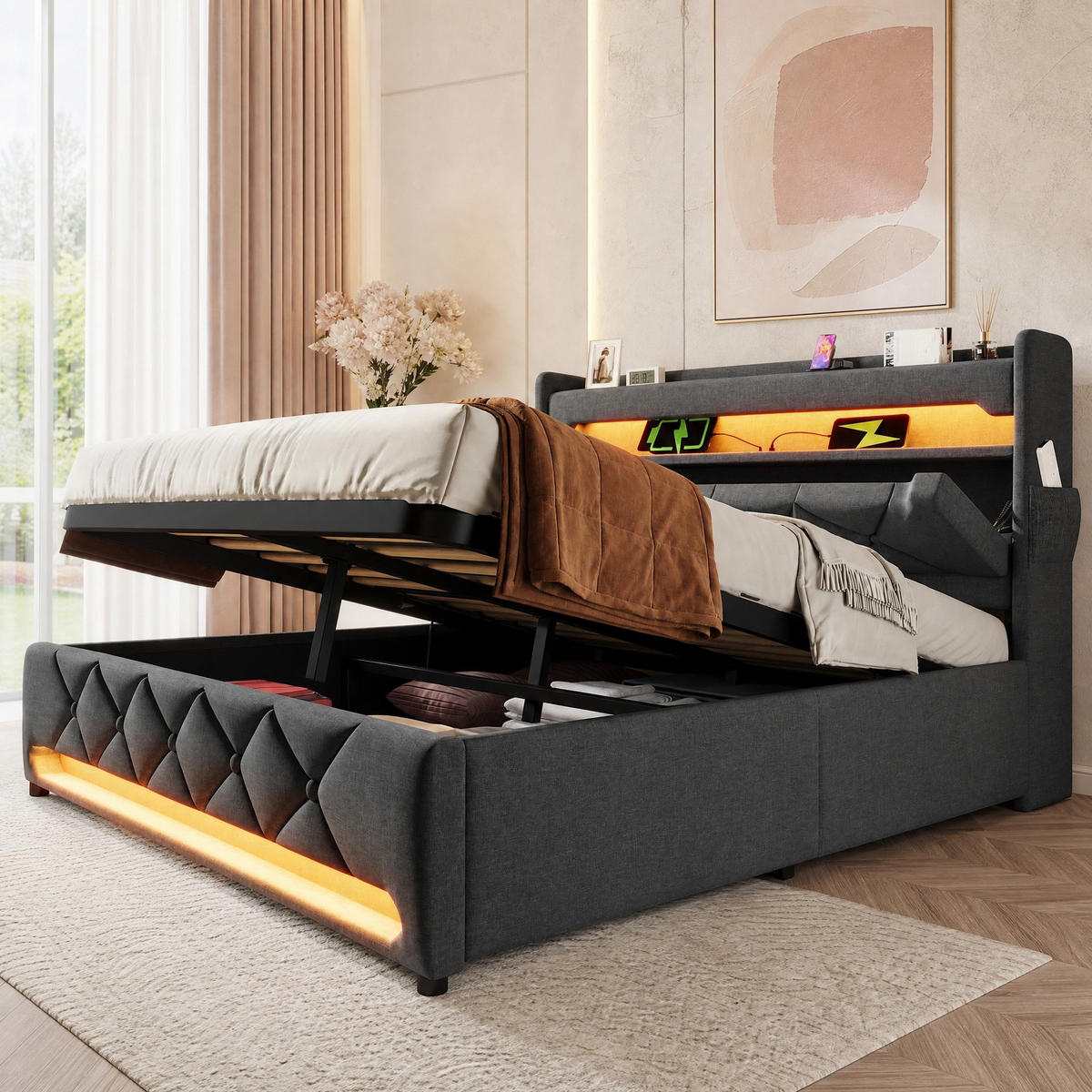POLSTERBETT 140/200 mit LED, Bettkasten, USB und Type-C-Anschluss in Grau - Grau, Holzwerkstoff/Textil (140/200cm) - EVRYAE