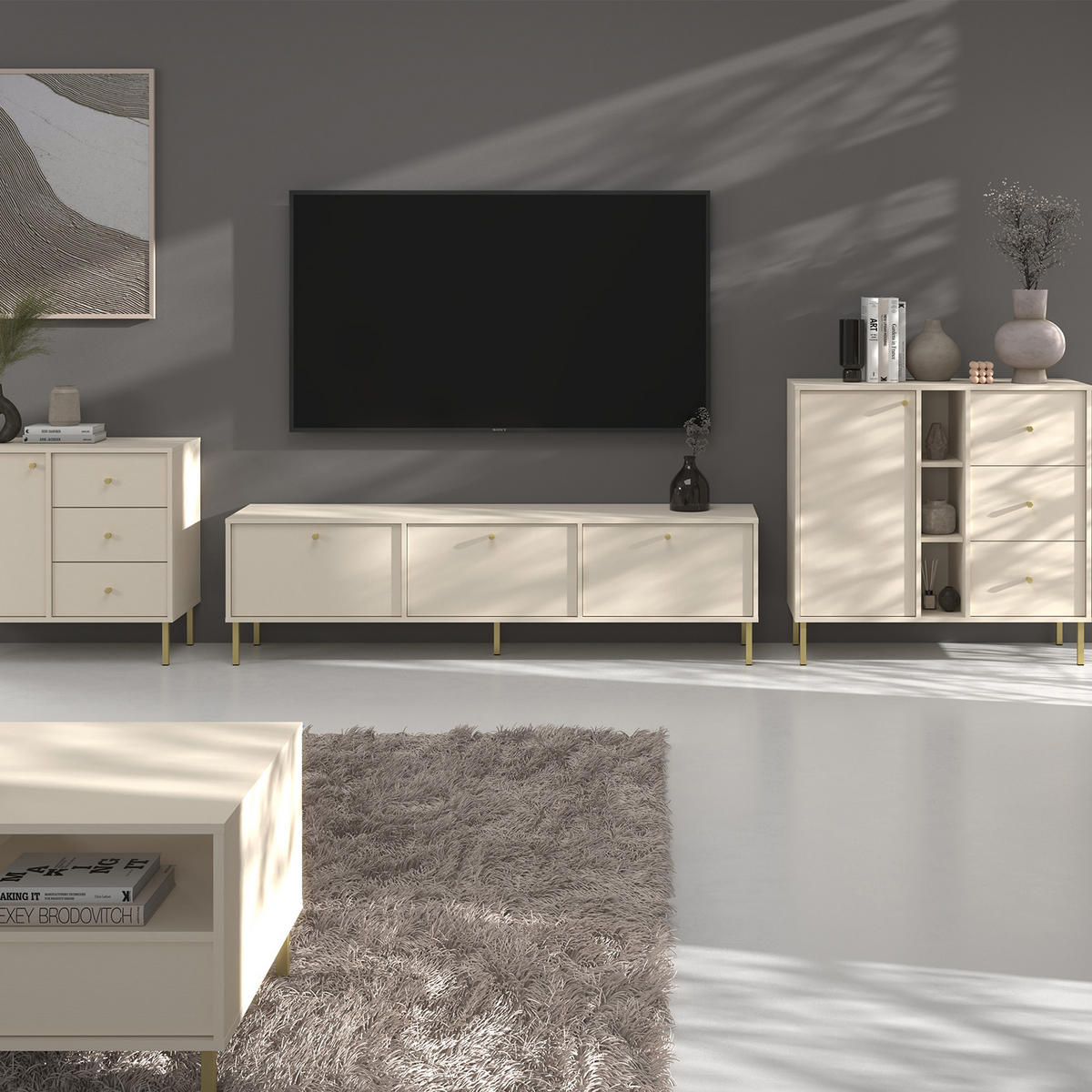 KOMMODE FLOREN, Creme/Gold - Creme, Holzwerkstoff/Metall (124.5/95/40.8cm) - KONSIMO®