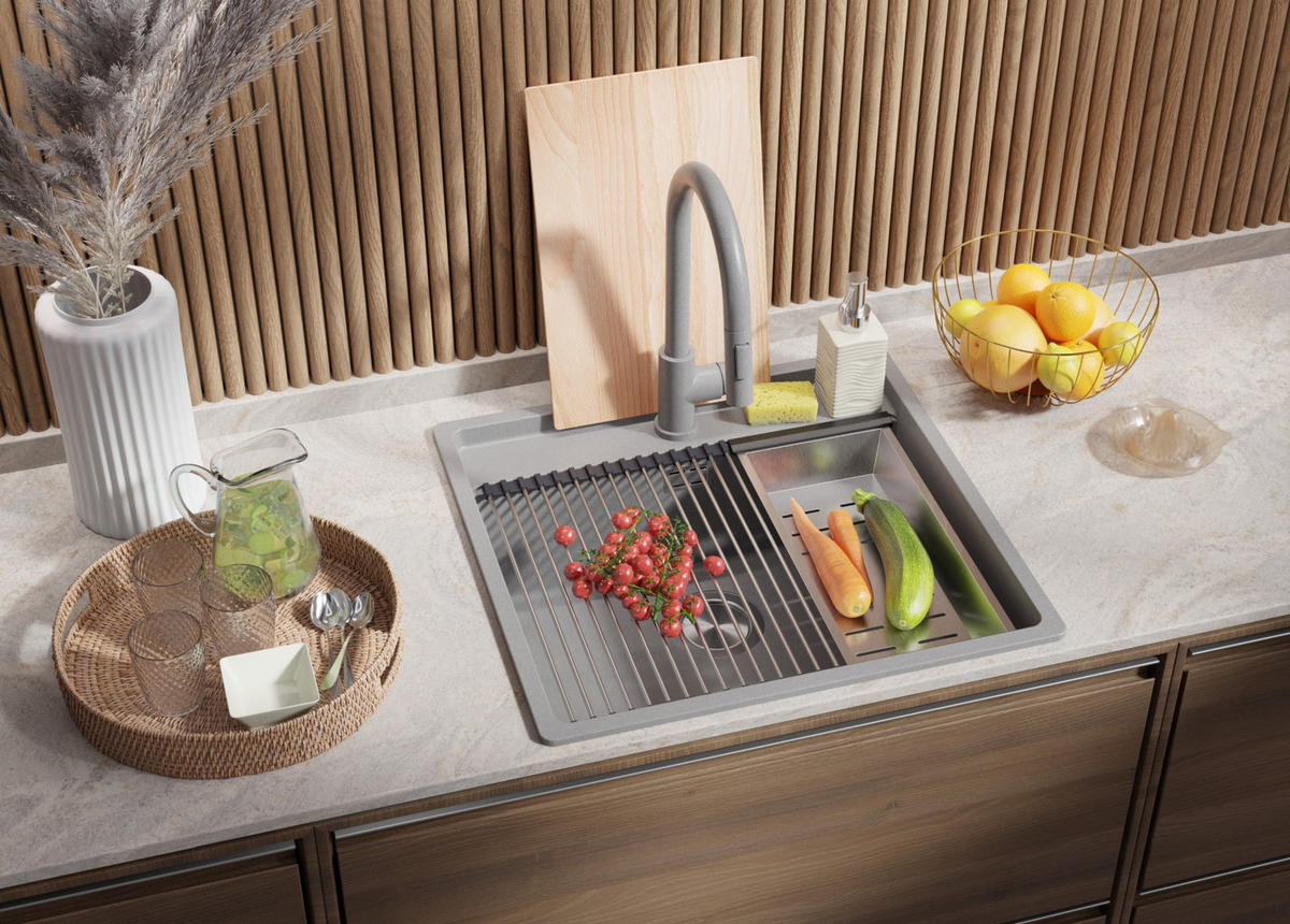 GRANITSPÜLE Bergen, 2-er set Grau 56/53 cm 1 Becken + Küchenarmatur 32/20 cm + Ablauf-Set + Schneidebrett ab 60er Unterschrank - Chromfarben/Beige, Kunststoff (56/20/53cm) - Primagran