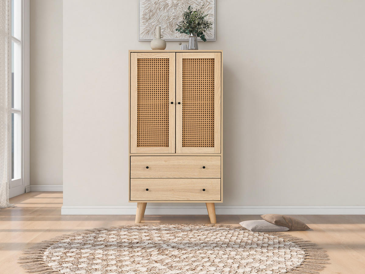 HIGHBOARD mit Rattantüren und 2 Schubladen in Eicheoptik - Eichefarben, Holzwerkstoff (60/120/40cm) - Urban Meuble