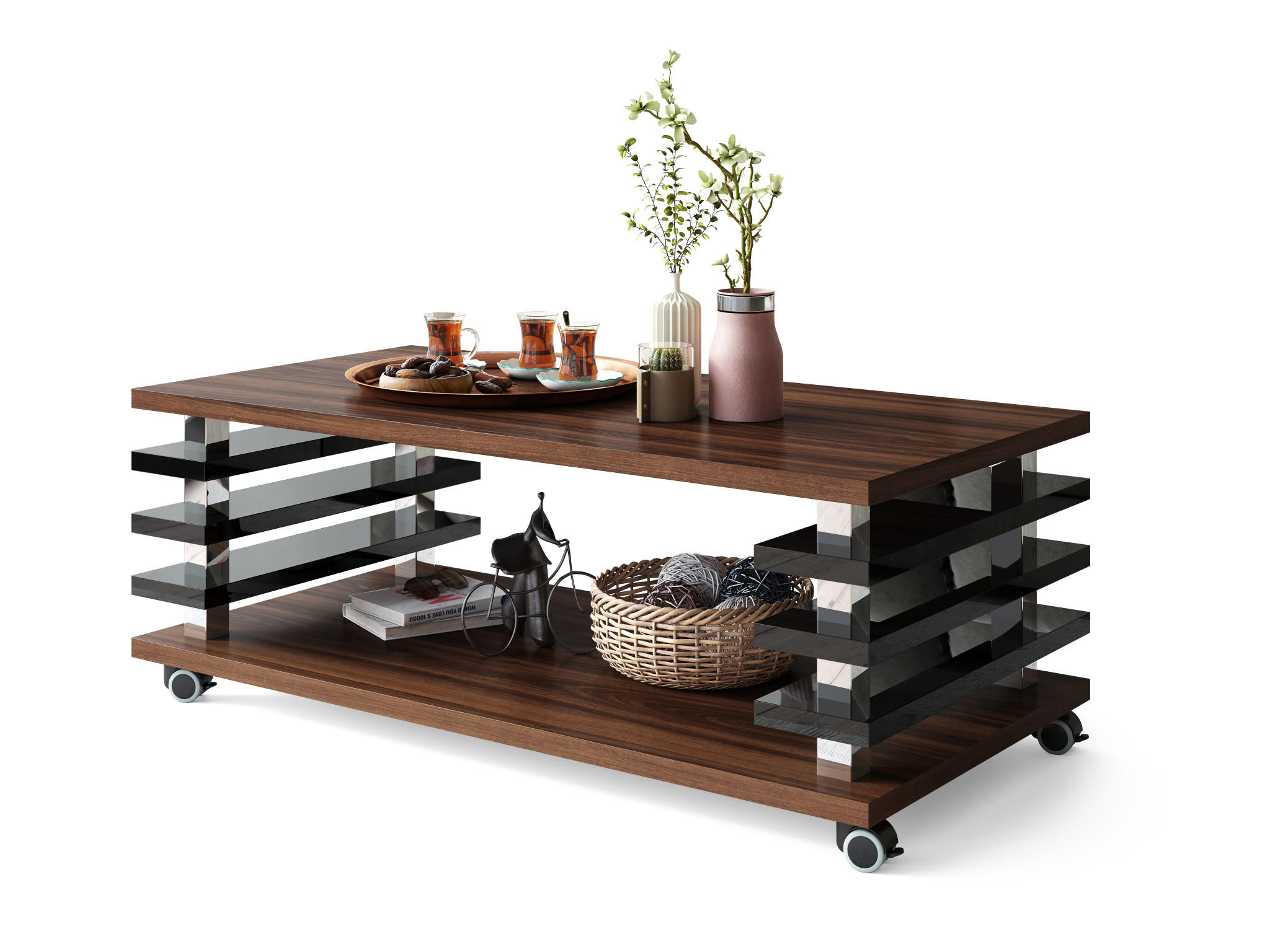 designimpex Couchtisch Nussbaum, Schwarz Hochglanz 120x45x60 cm