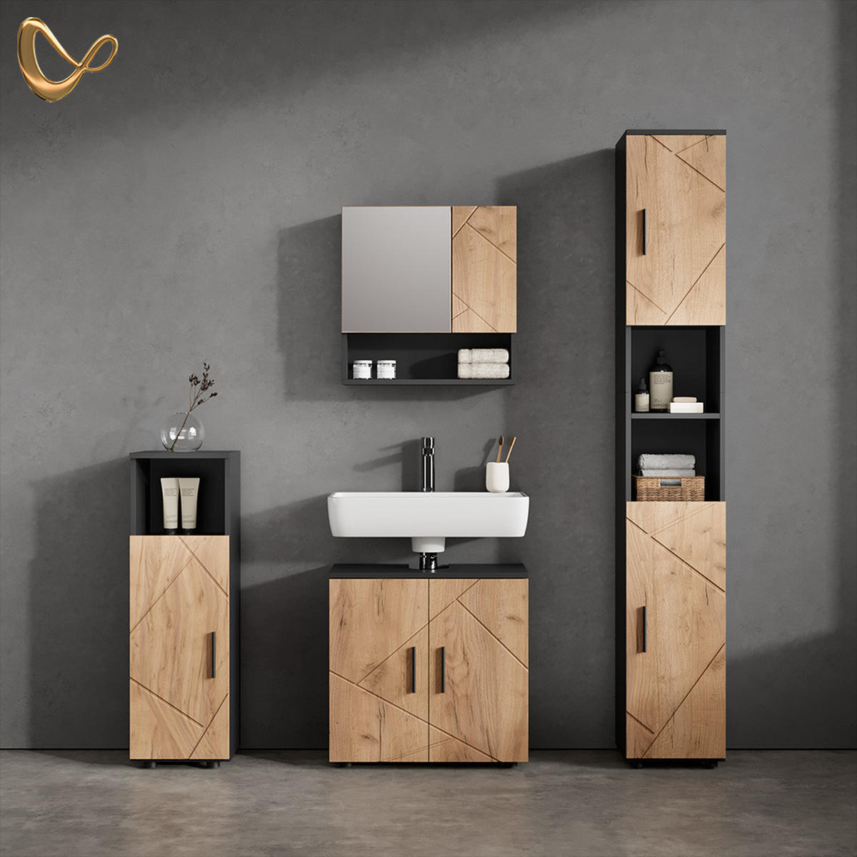 BADMÖBEL-SET Ronco Goldkraft Eiche/Anthrazit 4 Teile, mit Hochschrank - Anthrazit/Eiche Wotan, Holzwerkstoff (60/192/30cm) - Livinity®