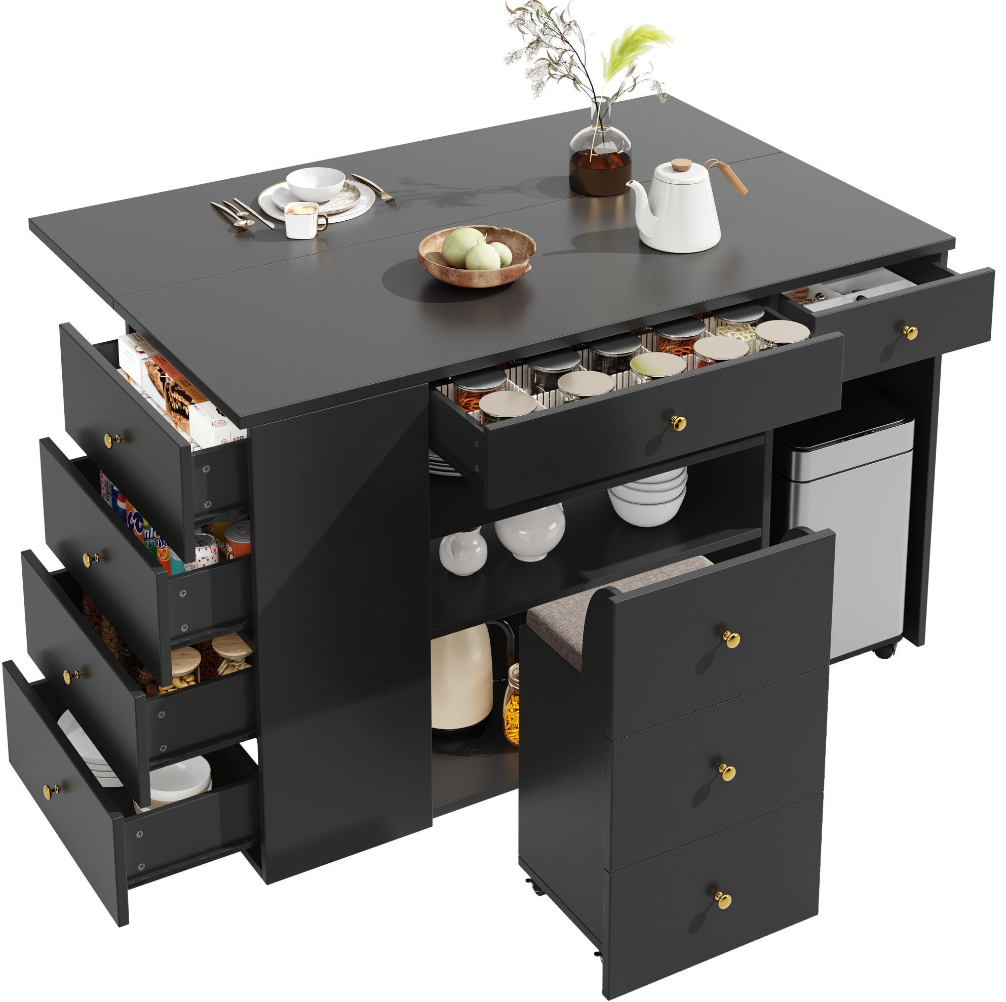 KÜCHENINSEL 140/40-70/89 cm aus MDF und Metall mit Hocker und viel Stauraum Schwarz - Schwarz, Holzwerkstoff (140/89/70cm) - Modenvie