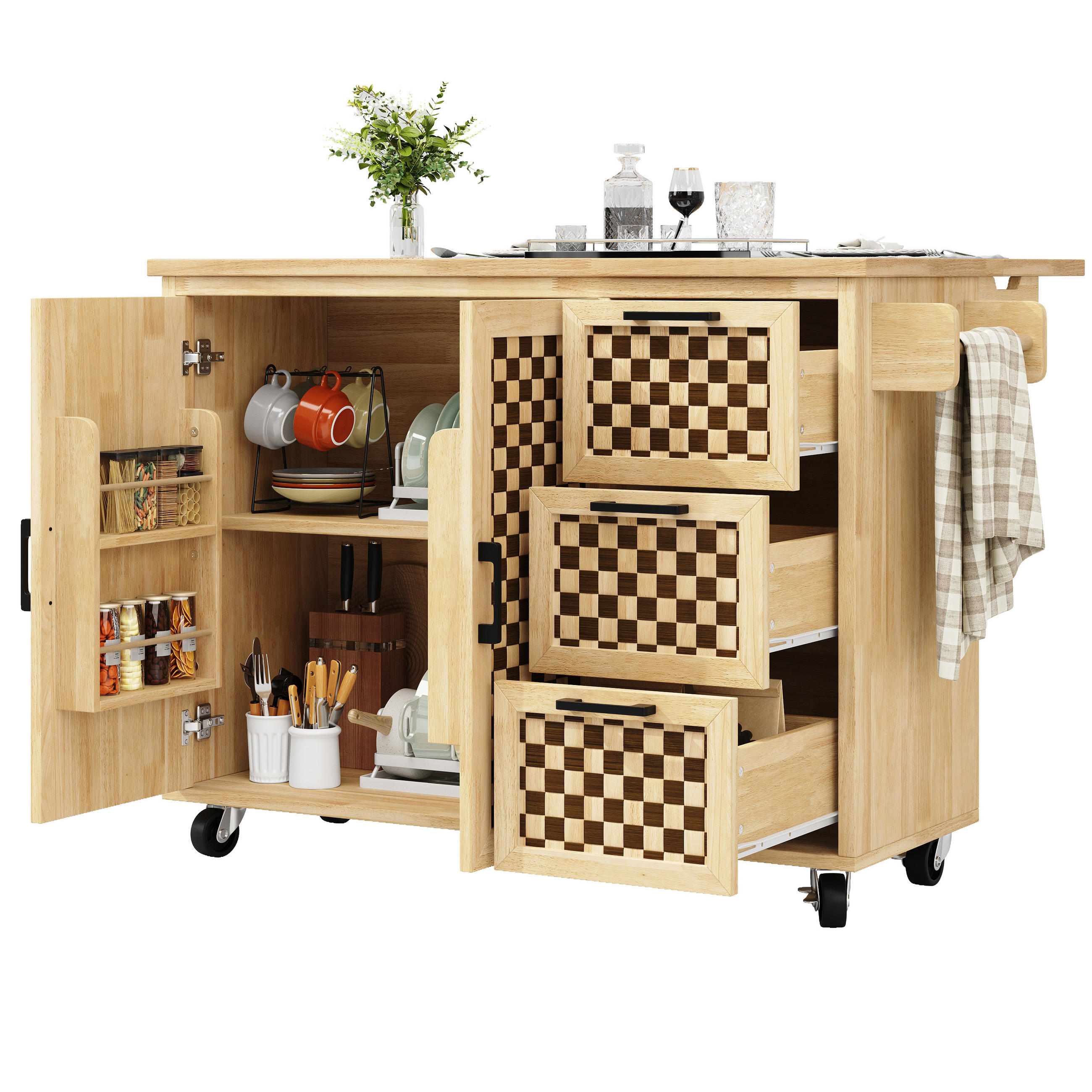KÜCHENINSEL mit Rollen 120/45/92 cm Holzoptik mit Klappplatte, 3 Schubladen und 2 Türen - Naturfarben, Holz/Holzwerkstoff (120/92/45cm) - Oxeza