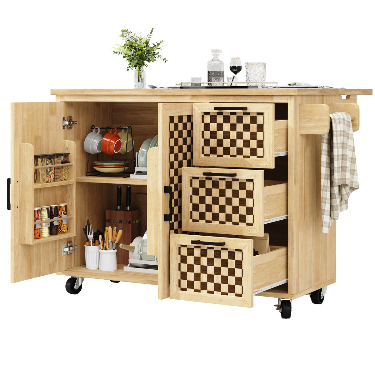 KÜCHENINSEL 120/45-75/92 cm natur mit klappbarer Tischplatte und Rollen - Naturfarben, Holzwerkstoff (120/92/45cm) - OKWISH
