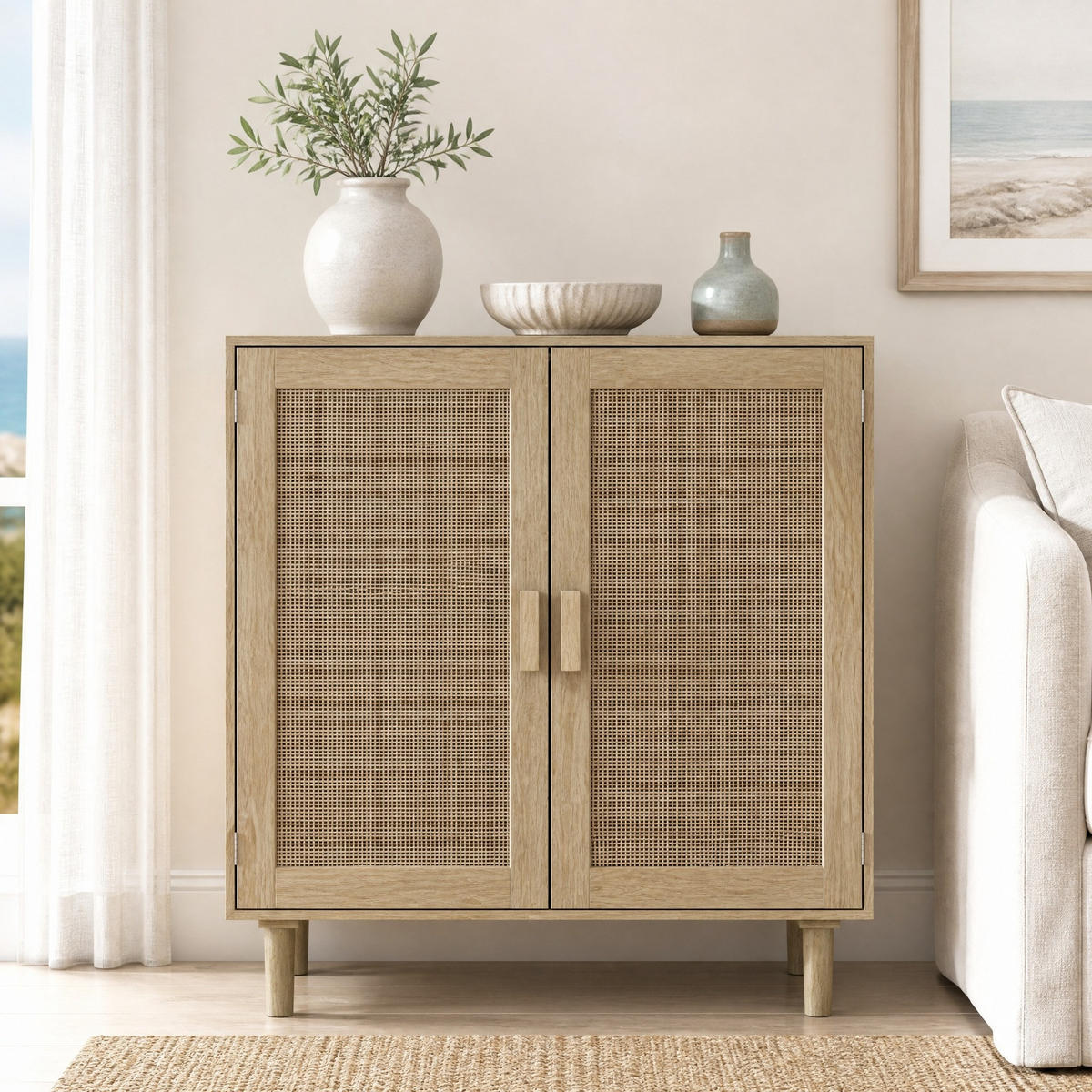 SIDEBOARD Natur, 80/40/88 cm, mit Rattan-Fronten und 2 Türen - Schwarz/Naturfarben, Holzwerkstoff (80/88/40cm) - CHICFURN