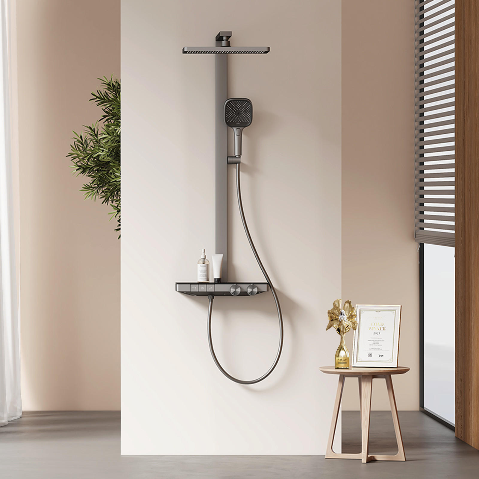 ÜBERKOPFBRAUSESET mit Thermostat Einstellbarer Durchfluss 4-Strahl 105/40,2/57,3 cm - Anthrazit, Metall (40.2/105/57.3cm) - EMKE