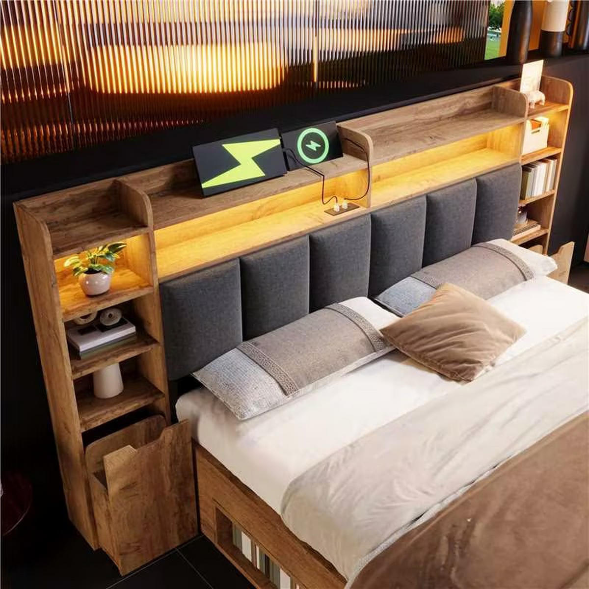 BETT 180/200 cm in Eichefarben mit Schubladen, Regal, LED, USB und Type-C Holzoptik - Eichefarben/Grau, Holzwerkstoff/Textil (180/200cm) - STILVORA