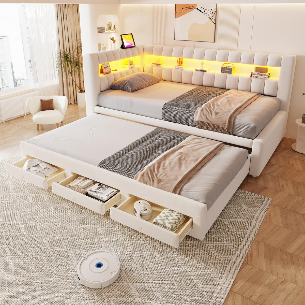POLSTERBETT Schlafsofa aus Samt 90x190 cm Beige mit Ausziehbett, Stauraum, LED-Beleuchtung und USB-/Typ-C-Anschluss - Beige, Textil (90/190cm) - Modfu