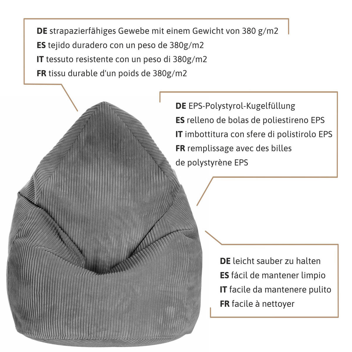 SITZSACK MIT FUßSTÜTZE Kordsamt 2-tlg Frost Gray S - Grau, Textil (70/105/70cm) - Dreamroots