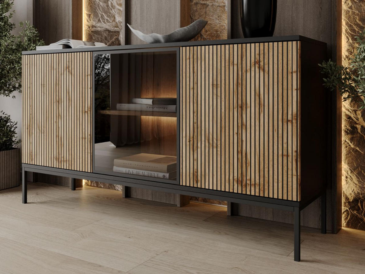 KOMMODE Graphit, Wotan Eichefarben 154/83/39 cm Deo - Eiche Wotan/Schwarz, Naturmaterialien/Glas (154/83/39cm) - Graingold