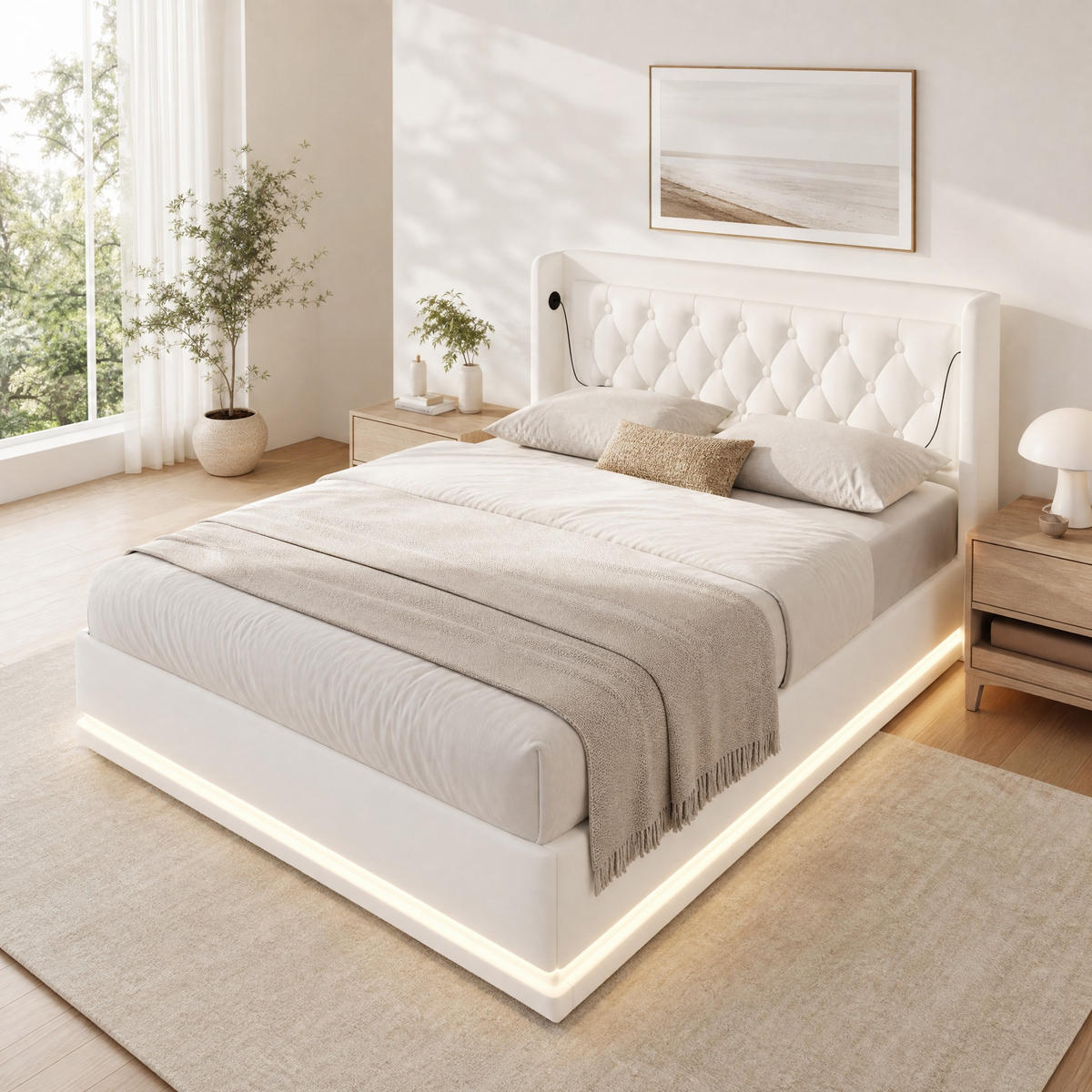 POLSTERBETT 140/200 mit Bettkasten, 3-seitiger LED-Beleuchtung und USB Type-C in Weiß - Weiß, Holzwerkstoff/Textil (140/200cm) - EVRYAE