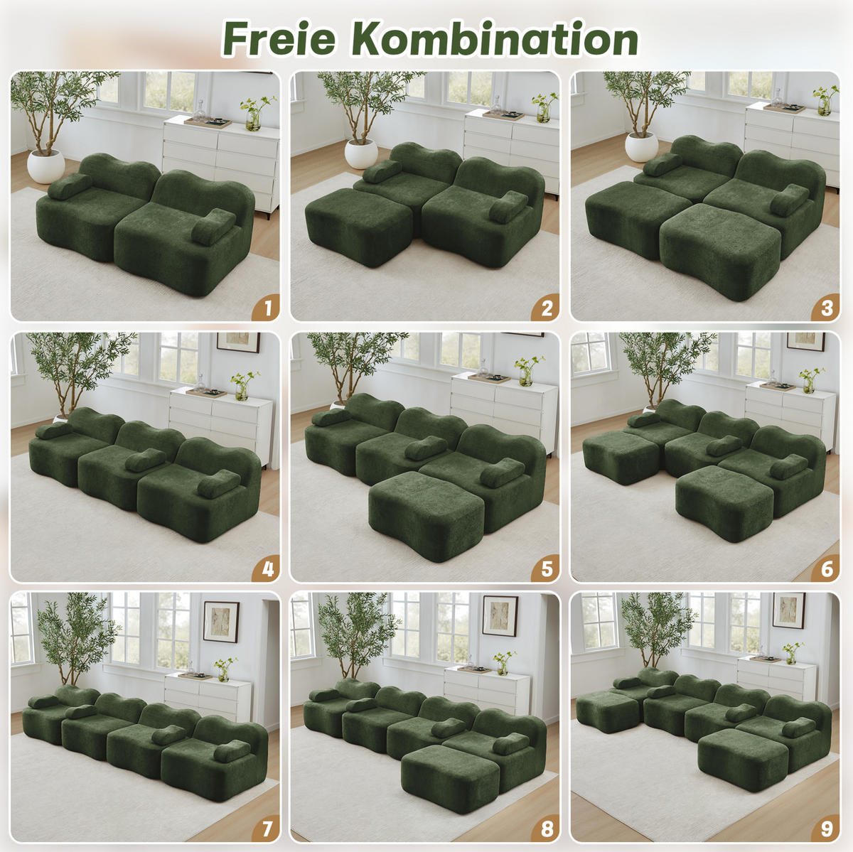 MODULARES Ecksofa mit Samtbezug in Grün 167x288x70 cm, tiefer Sitzfläche und flexiblem Hocker - Grün, Textil (288/70/167cm) - IVMEU
