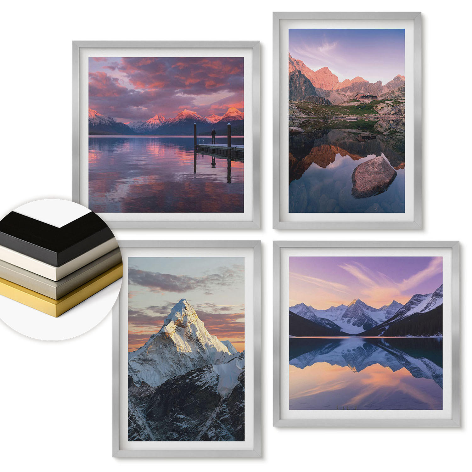 WANDBILDER 4er Set - 50x50 cm & 40x60 cm Silberner Rahmen - Berglandschaften im Hintergrund - Silberfarben, Kunststoff (50/50cm) - ArtPrintCave