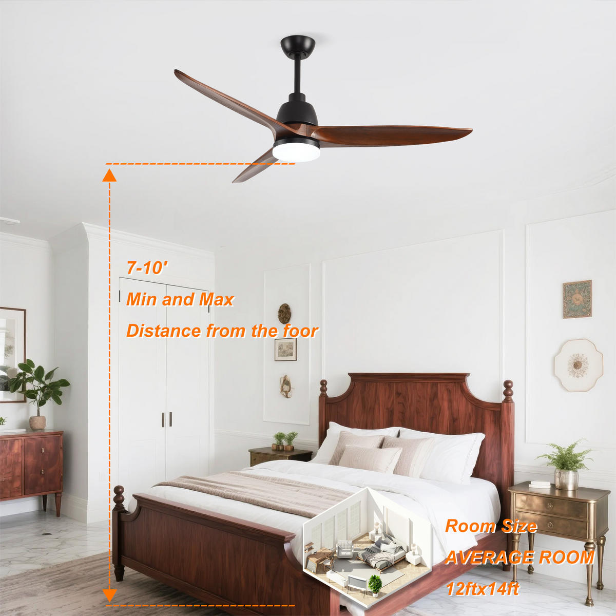 DECKENVENTILATOR DE-16236 52 Zoll mit dimmbarer LED & Steuergriff Schwarz - Walnussfarben, Holz/Metall (132/132/45cm) - ComfortXL