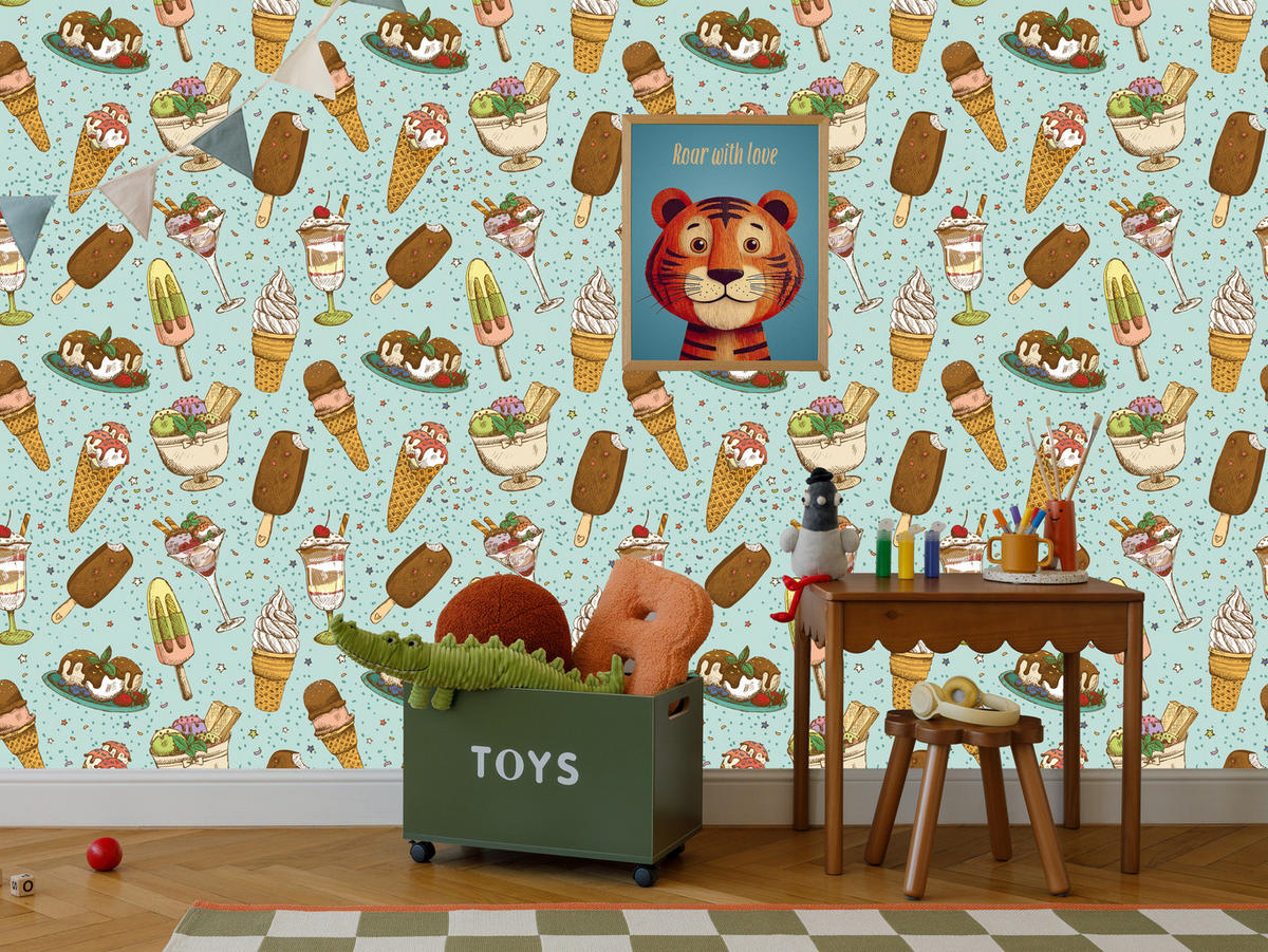 VLIESTAPETE Eiscreme und Süßigkeiten – Bunt, Türkis – 50x1000 cm - Türkis/Multicolor, Papier (50/1000cm) - Muralo