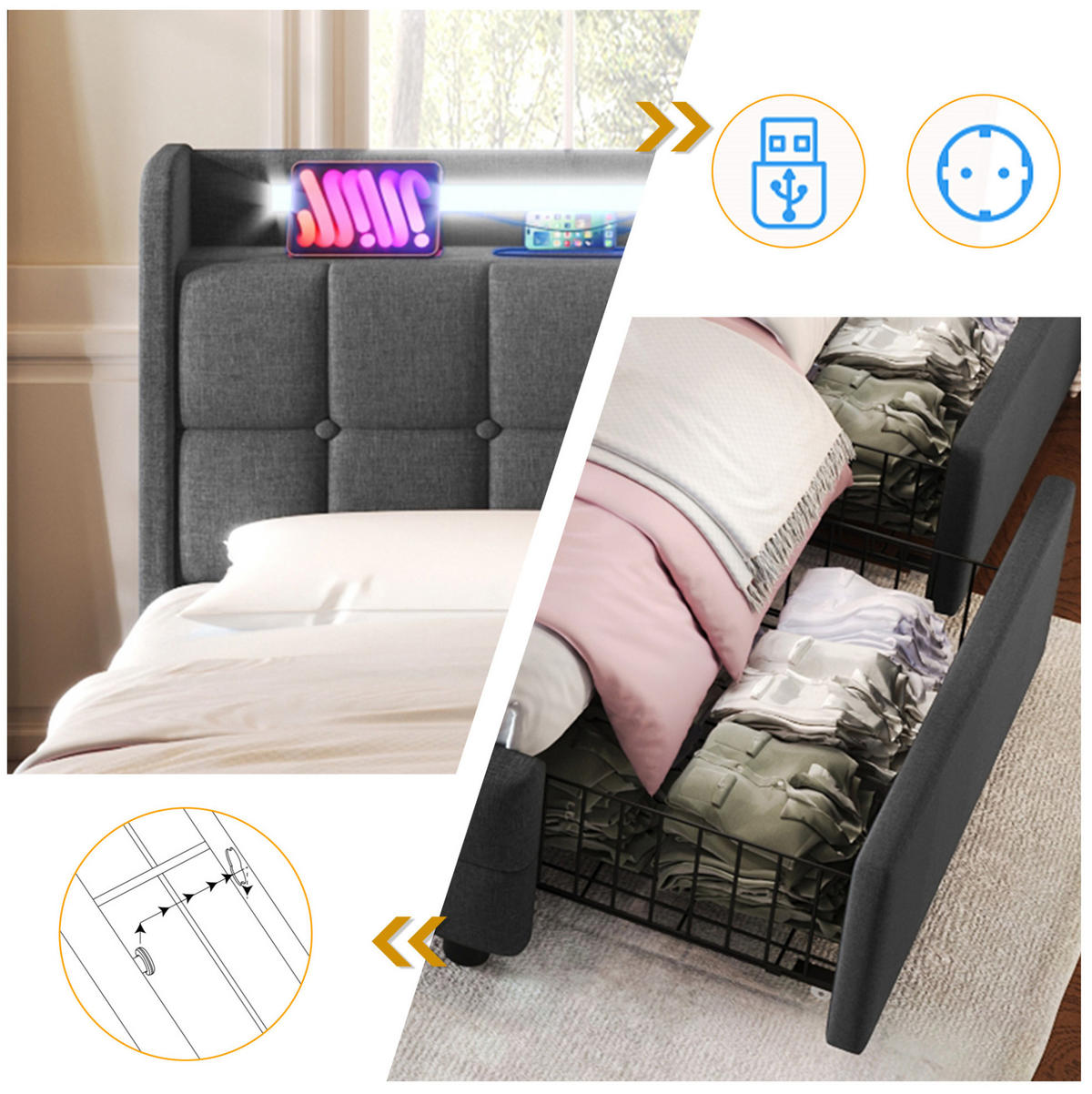 POLSTERBETT 160/200 cm Grau aus Holz mit LED-Beleuchtung - Grau, Holz (160/200cm) - OKMYHOME