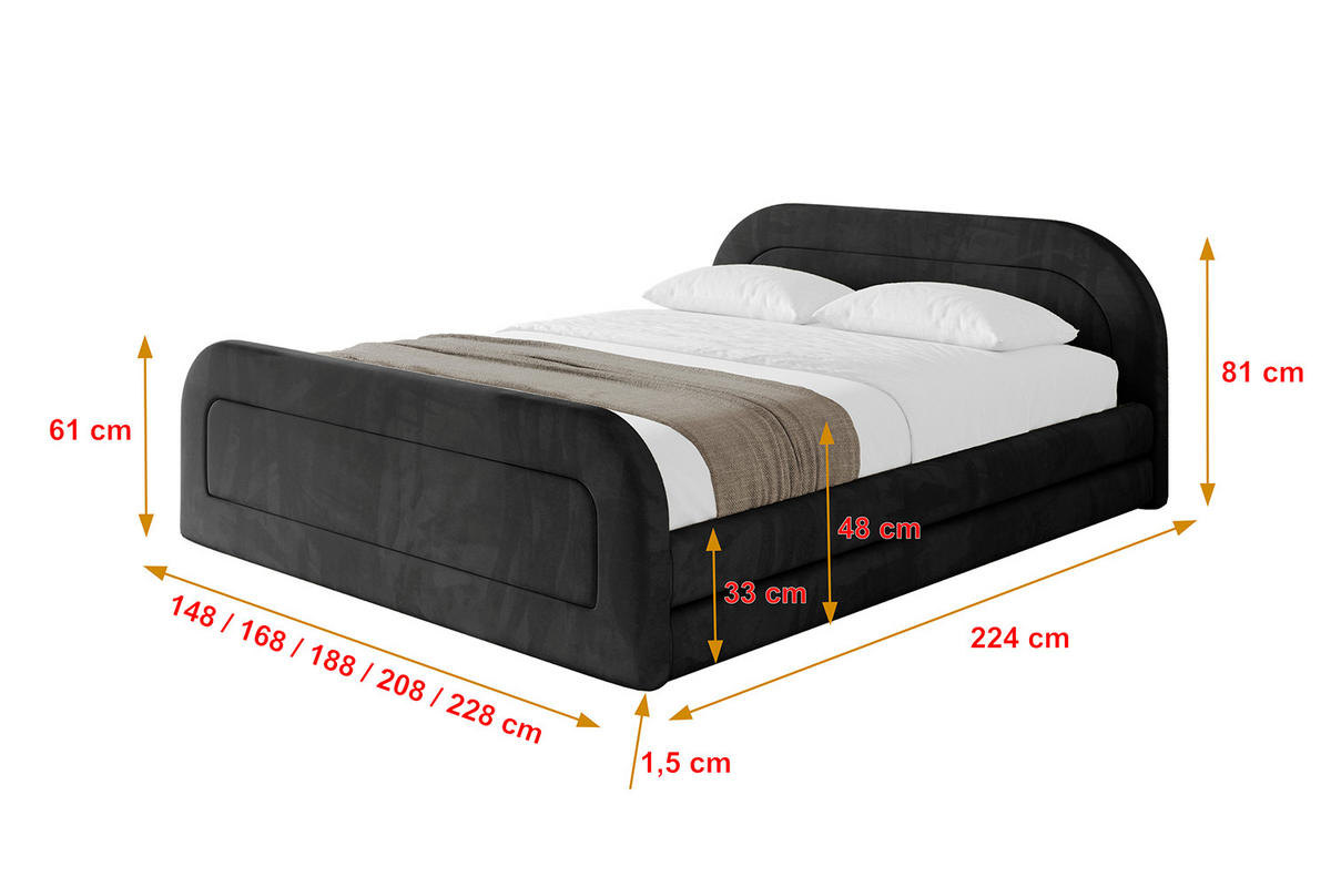 POLSTERBETT mit Bettkasten, Fußteil und Lattenrost, Boxbett mit Matratze H3/H4 - LERIS-v1-Z 120x200 Schwarz - Schwarz, Holzwerkstoff/Textil (120/200cm) - ALTDECOR