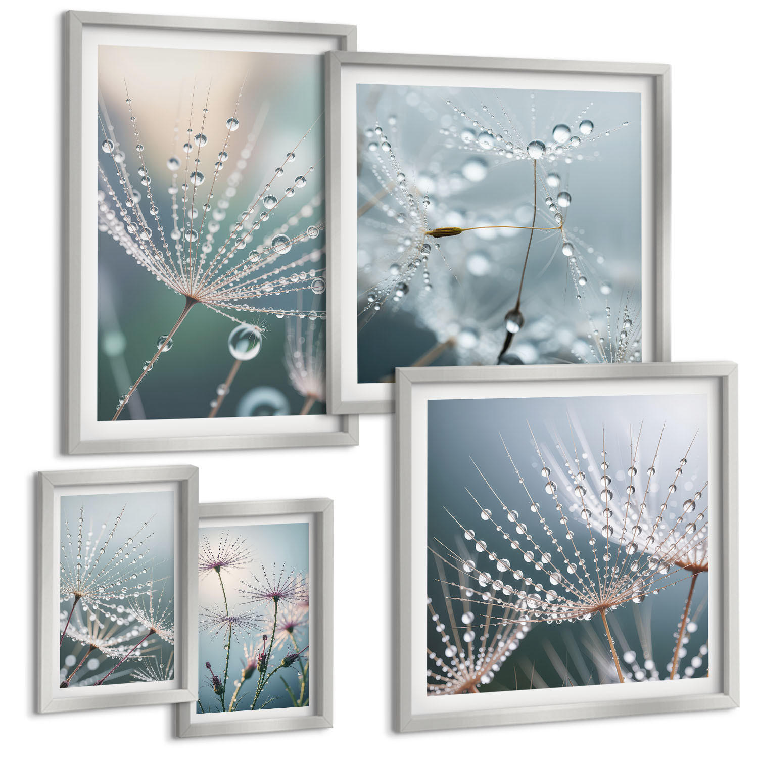 BILDER SET 5er Set - 50x50 cm & 20x30 cm & 40x60 cm Silberner Rahmen - Lineare abstrakte Motive - Silberfarben, Kunststoff (40/60cm) - TULUP