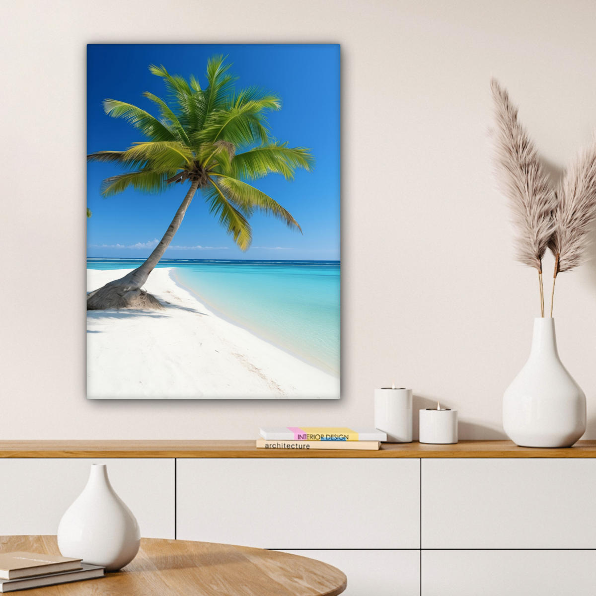 LEINWANDBILD Strand - Palme - Tropisch - Meer Wandbild Wohnzimmer 60x80 cm - Grün, Textil (60/80cm) - MuchoWow
