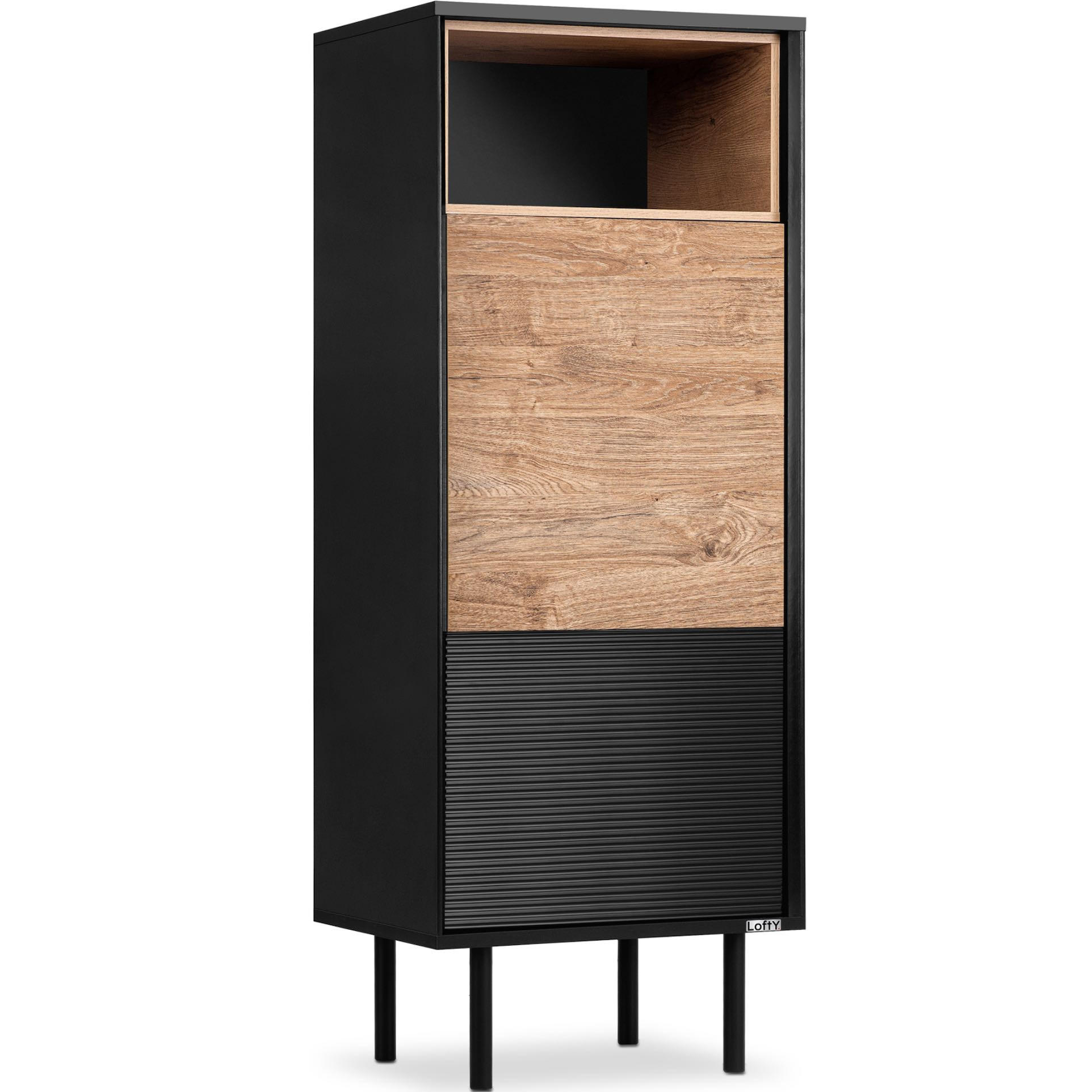 REGAL LOFTY mit Massivholzbeine, schwarz - Eichefarben/Multicolor, Holzwerkstoff (52/135/41cm) - KONSIMO®