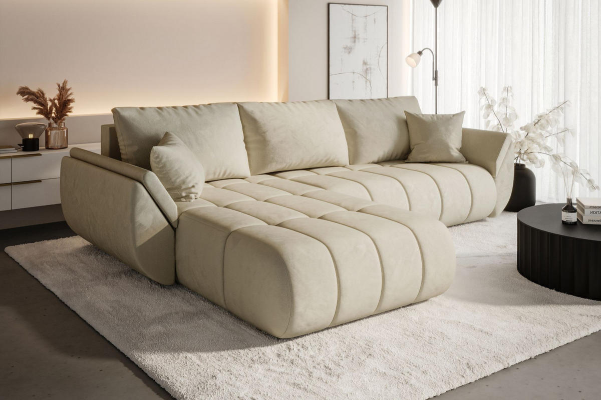 ECKSOFA TOKYO PREMIUM mit Schlaffunktion, Stoff MONOLITH, Ecru, Links - Ecru, Holz (280/190cm) - Kaiser Möbel
