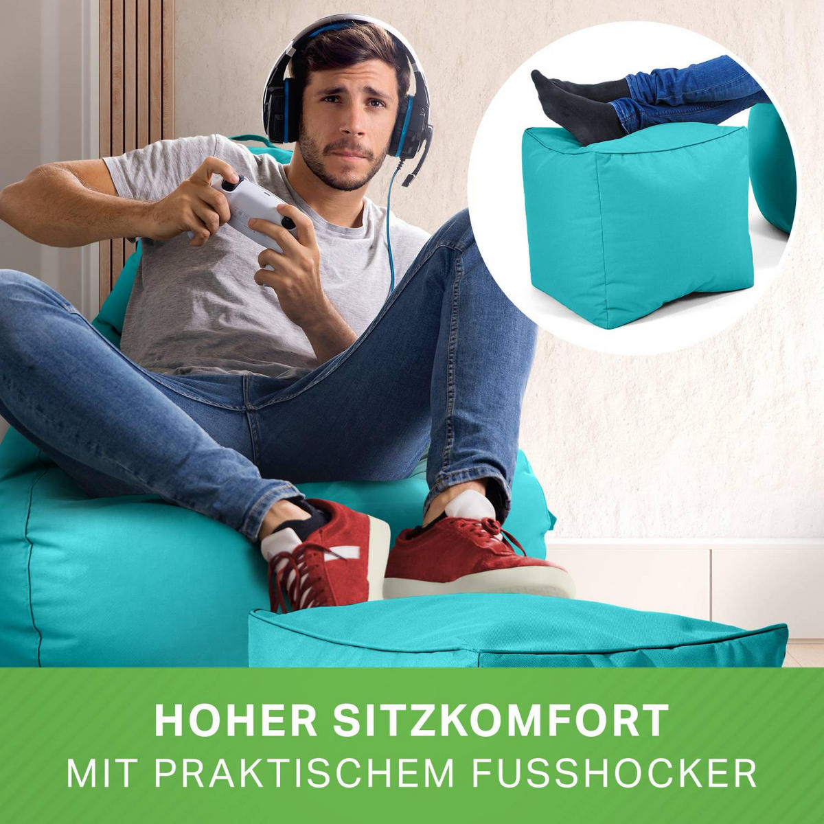 SITZSACK + Hocker "Cozy+Cube" 2er Set - Türkis, Textil (70/90/80cm) - Green Bean
