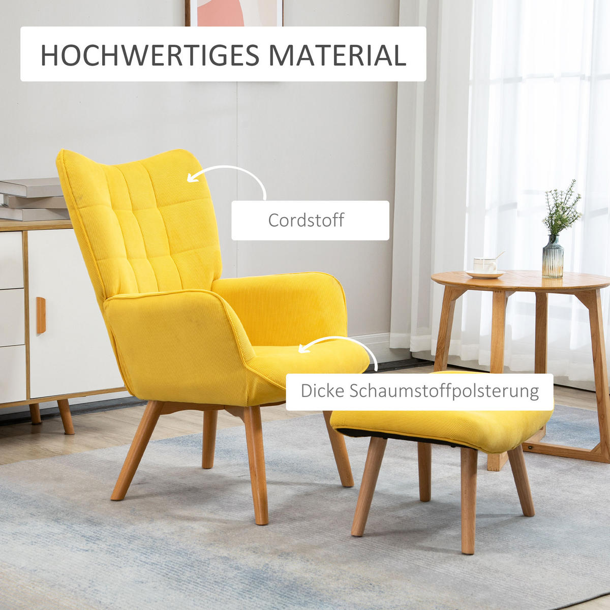 OHRENSESSEL mit Hocker, Relaxsessel, Polstersessel in Cord-Optik, mit Holzbeine - Gelb, Holz (80/101/72cm) - HOMCOM
