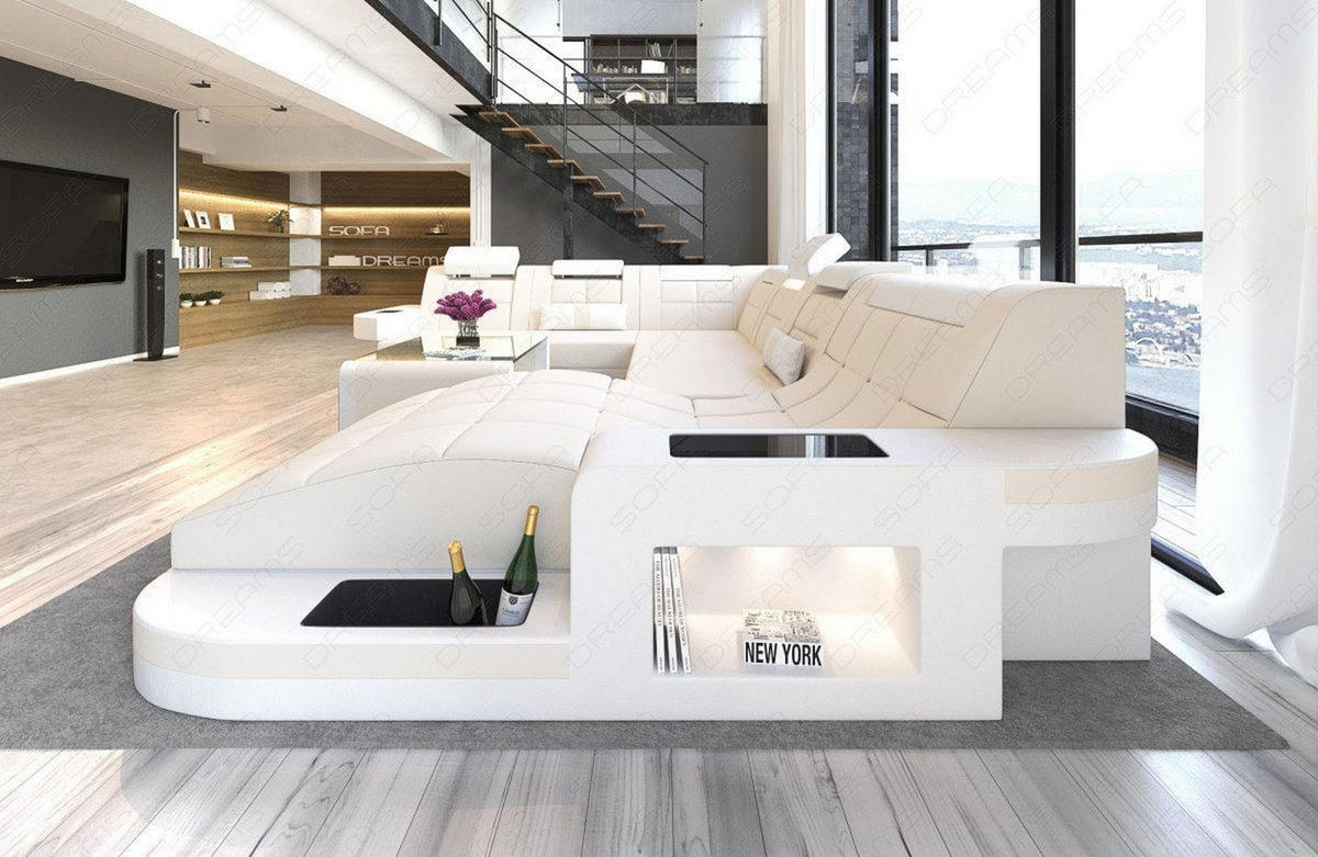 WOHNLANDSCHAFT Wave Elfenbein Weiß Mikrofaserstoff - Creme, Kunststoff (379/80/274cm)