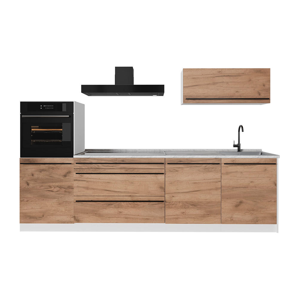 KÜCHENZEILE R-Line, Goldkraft Eiche/Weiß, 280 cm Arbeitsplatte Marmor - Honigeiche/Weiß, Holzwerkstoff (280/143/60cm) - Vicco