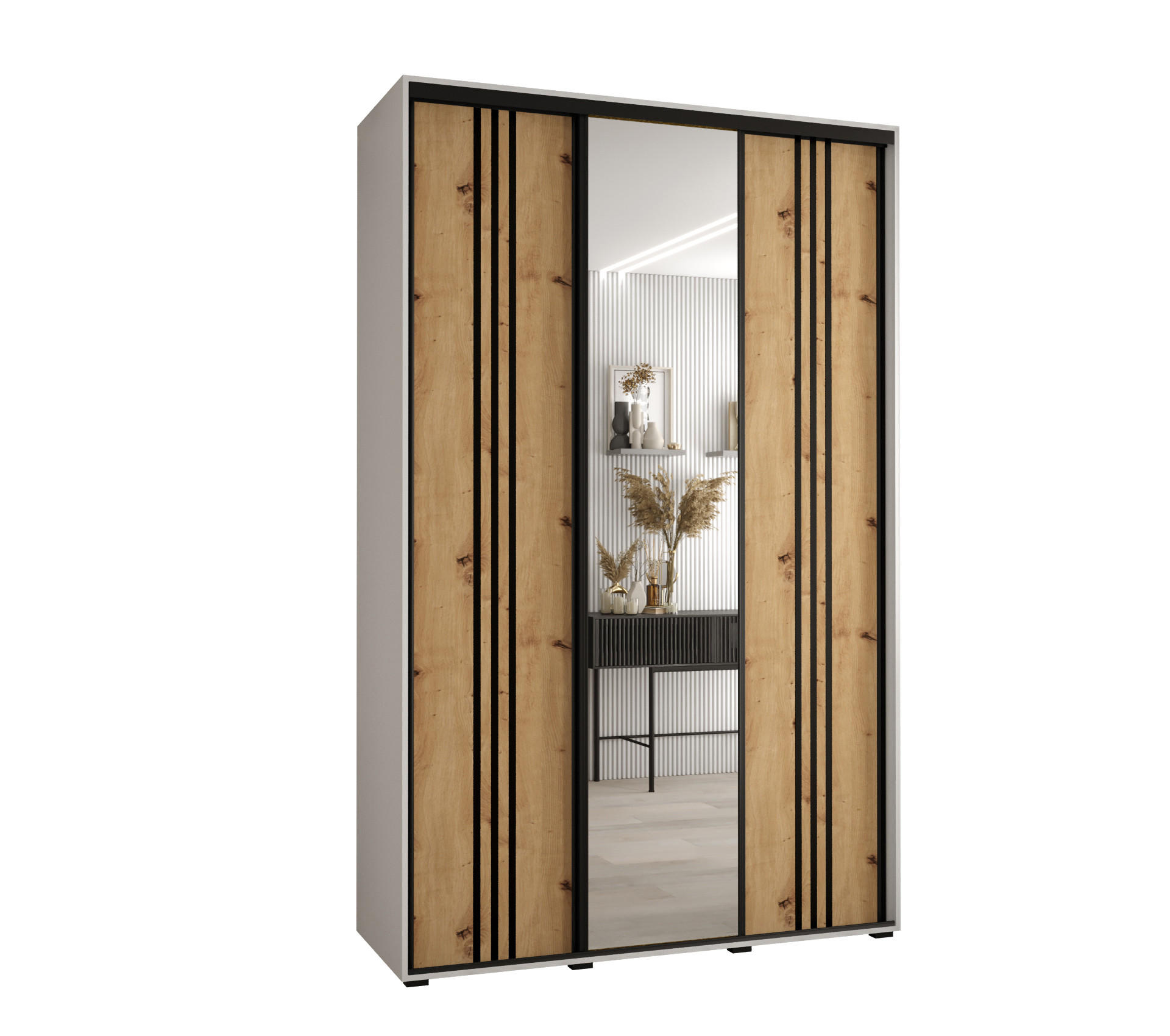 Abiks Möbel Schwebetürenschrank Weiß, Eiche Artisan, Schwarz 160x235x60 cm