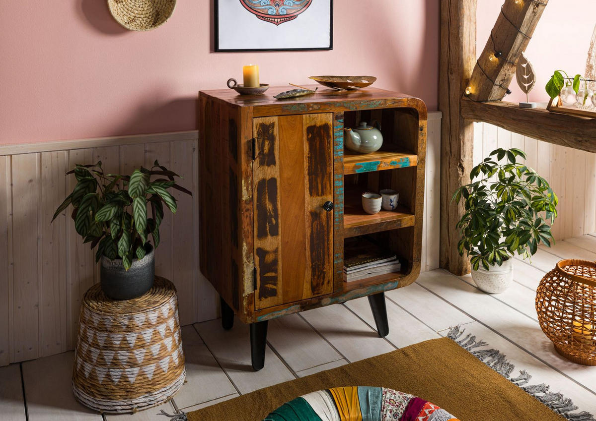 KOMMODE Altholz 70x44x90 mehrfarbig lackiert SIXTIES #103 - Multicolor, Holz (70/90/44cm) - Massivmoebel24