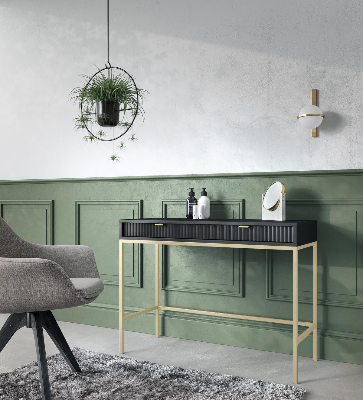 SCHMINKTISCH Nova Schwarz, Golden Beine, Konsoletisch mit Schubladen - Goldfarben/Schwarz, Holzwerkstoff/Metall (50/104/78cm) - Bettso