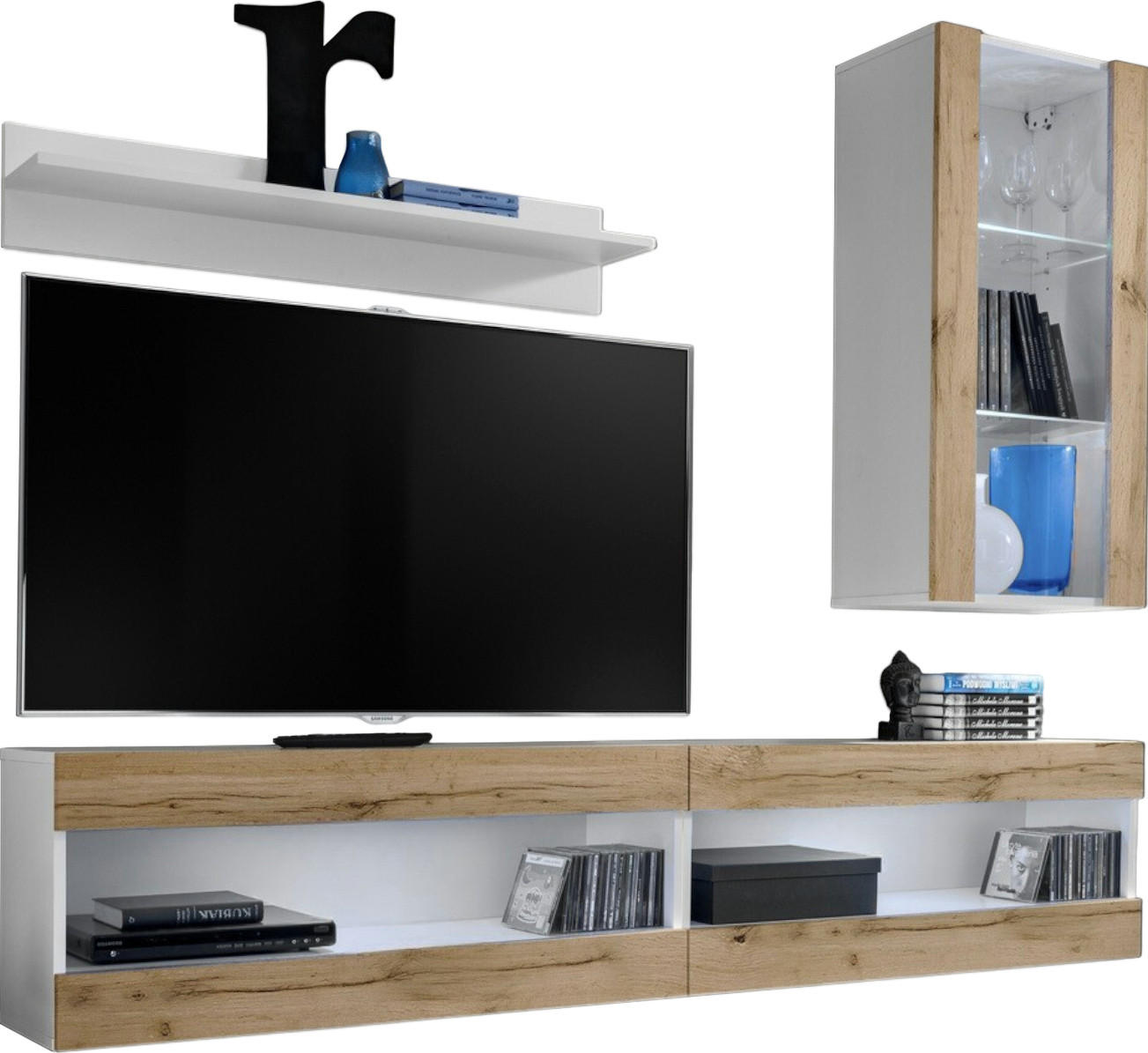 WOHNWAND 4-er Set, TIVOLI SET5 Weiß + Wotan, Offener Raum - Weiß/Braun, Glas/Holzwerkstoff (240/195/35cm) - Komodee