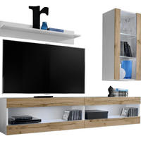 WOHNWAND 4-er Set, TIVOLI SET5 Weiß + Wotan, Offener Raum - Weiß/Braun, Glas/Holzwerkstoff (240/195/35cm) - Komodee