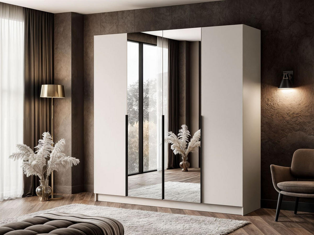 KLEIDERSCHRANK AUREL 4D in KASCHMIR mit Spiegel mit schwarzen Griffen - Kaschmir/Beige, Holzwerkstoff (200/200/57cm) - Lookway