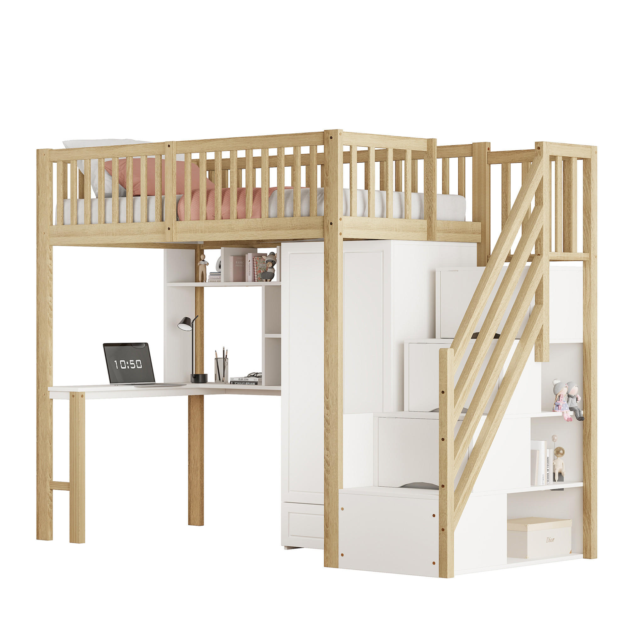 HOCHBETT 90/200 cm aus Massivholz mit Kleiderschrank, Schreibtisch und Treppe mit Schubladen Weiß/Natur - Naturfarben, Holz (90/200cm) - Modenvie