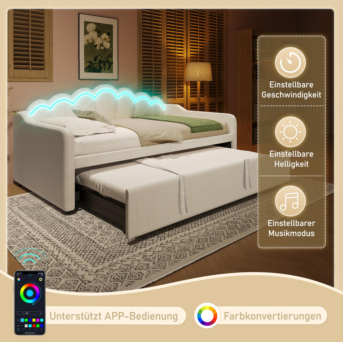 AUSZIEHBETT 90/180x200 cm aus Samt mit LED-Beleuchtung, Beige - Beige, Textil (90/200cm) - Flora Grace