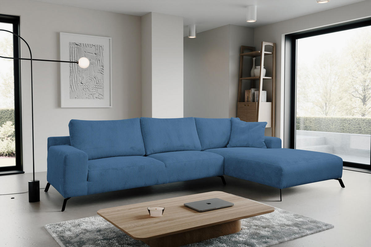 ECKSOFA Aspen in L-Form, Coach Farbe: Blau, Cordstoff, Ottomane Rechts - Blau, Textil (312/187cm) - VENASI MÖBEL