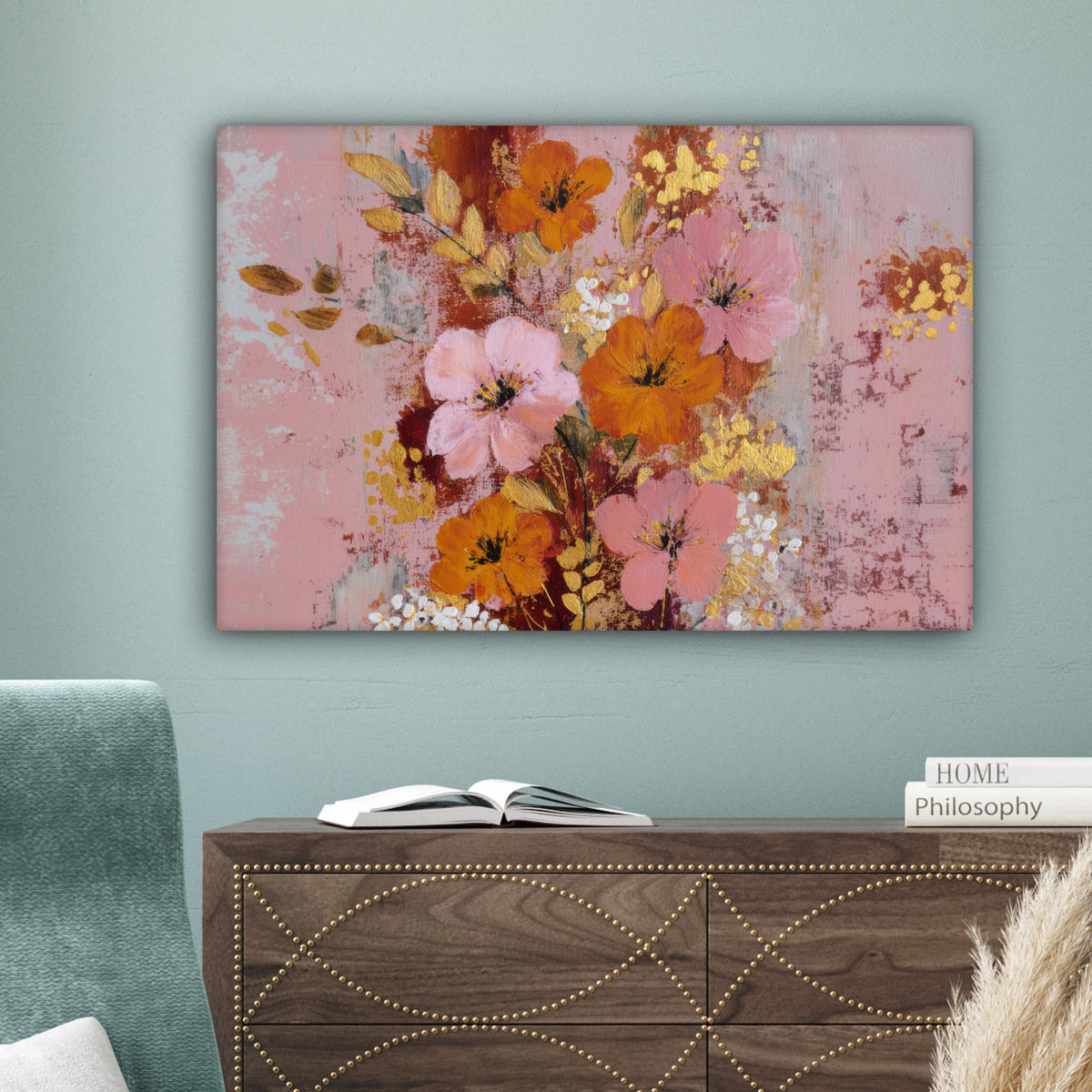 LEINWANDBILD Malerei - Blumen - Rustikal - Rosa Wanddeko 90x60 cm - Altrosa, Textil (90/60cm) - MuchoWow