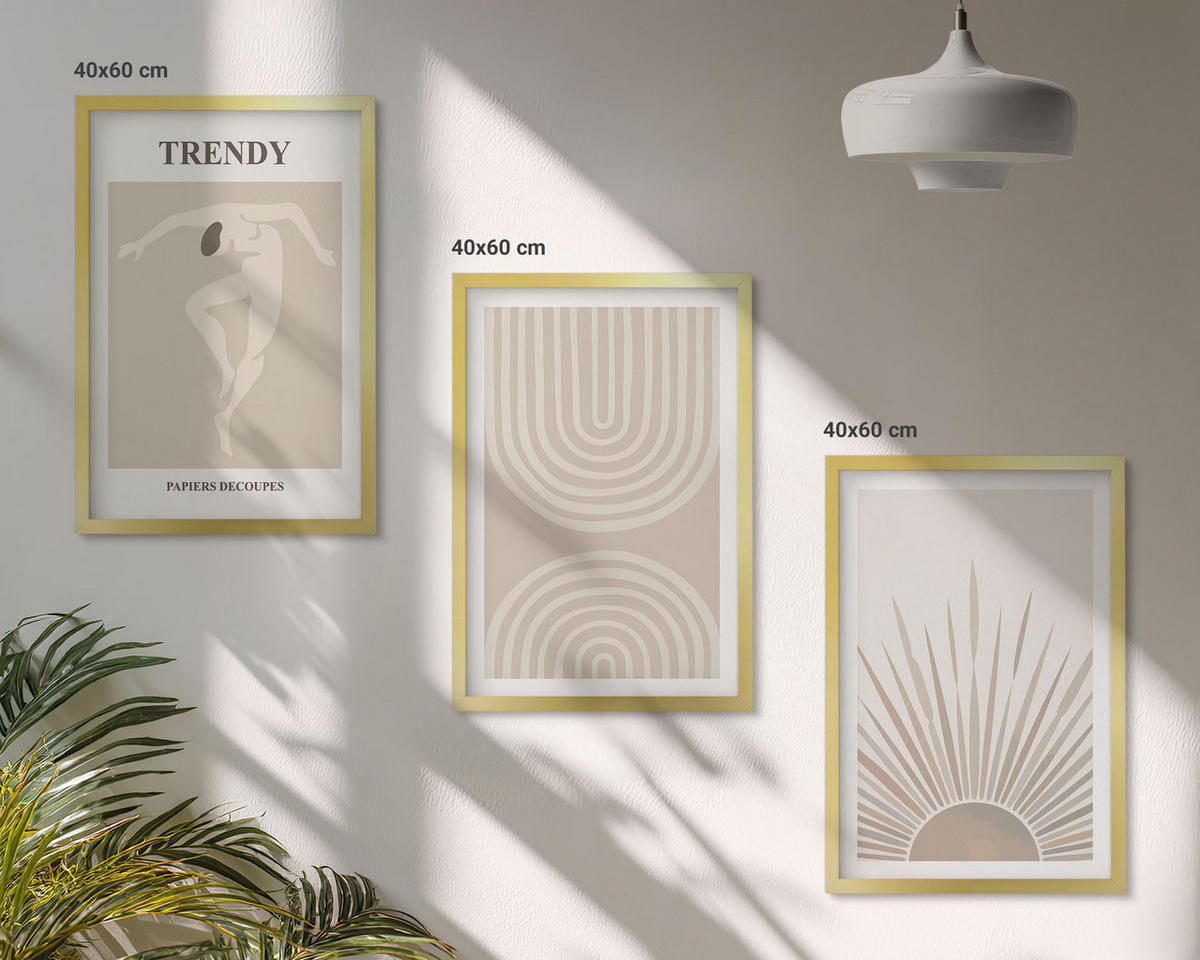 BILDER SET 3er Set - 40x60 cm Goldrahmen - Abstrakte Poster im Boho-Stil in Pastellfarben - Goldfarben, Kunststoff (40/60cm) - TULUP